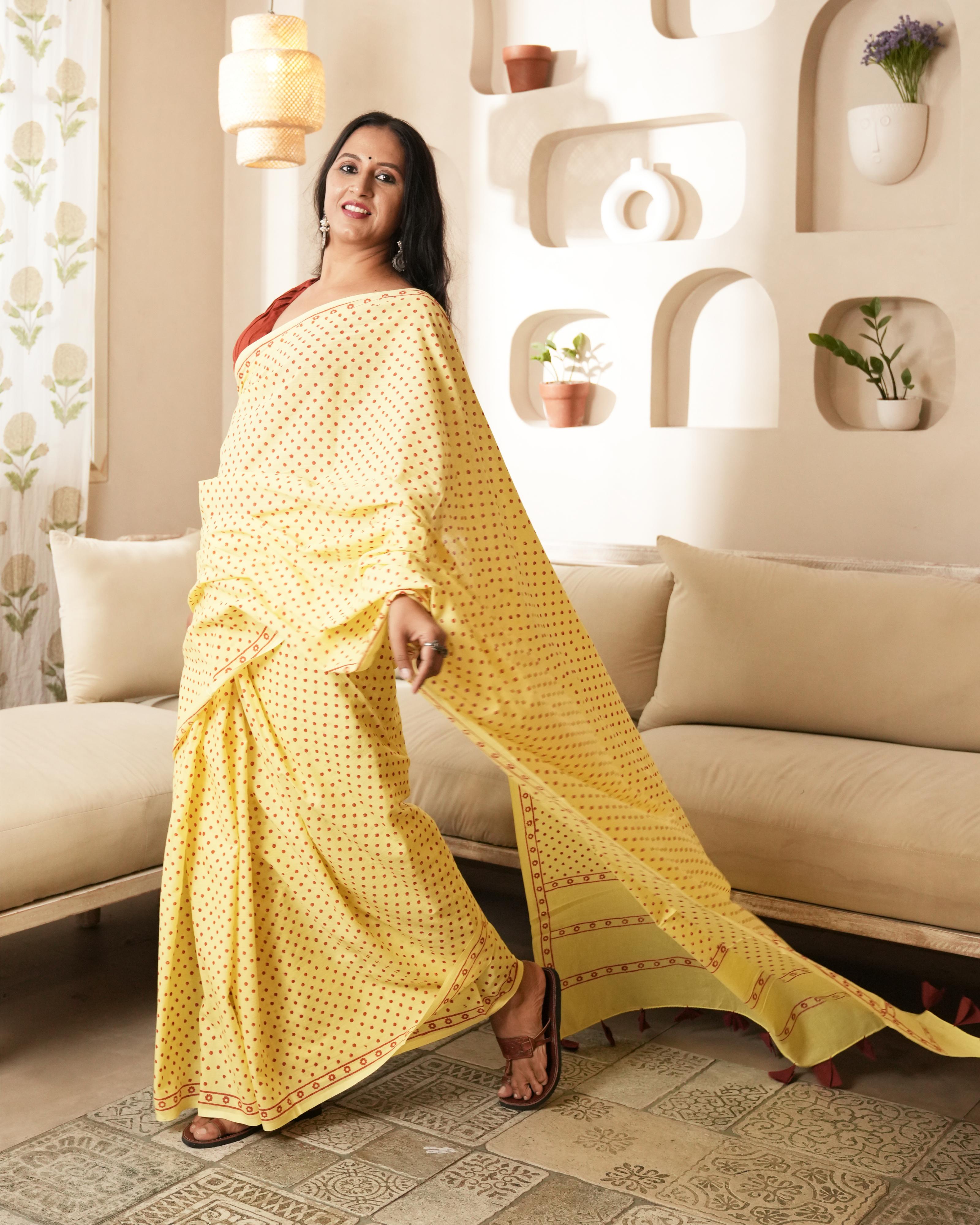 Yellow & Red Mini Polka Dot Printed Mul Saree with Tassels