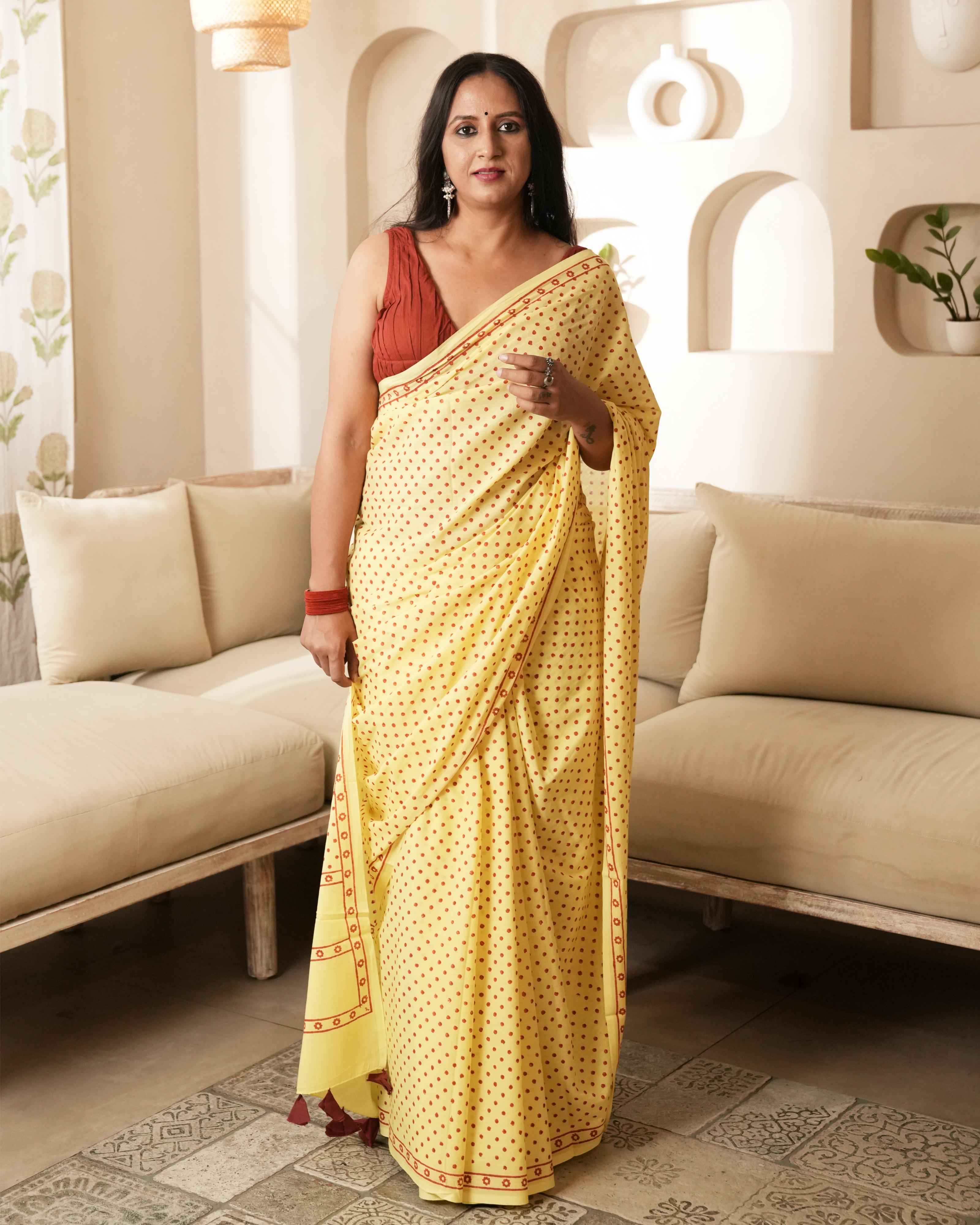 Yellow & Red Mini Polka Dot Printed Mul Saree with Tassels