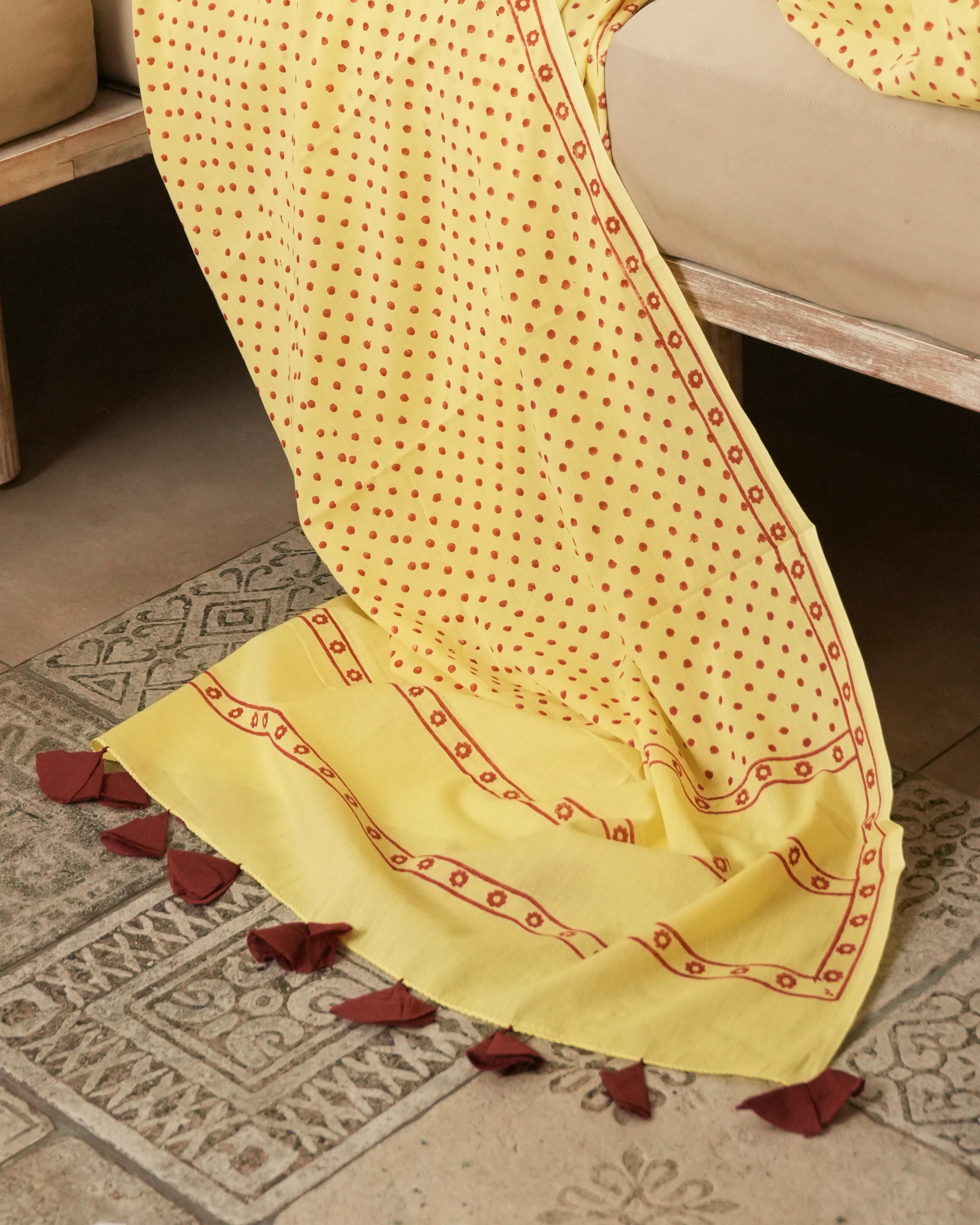 Yellow & Red Mini Polka Dot Printed Mul Saree with Tassels