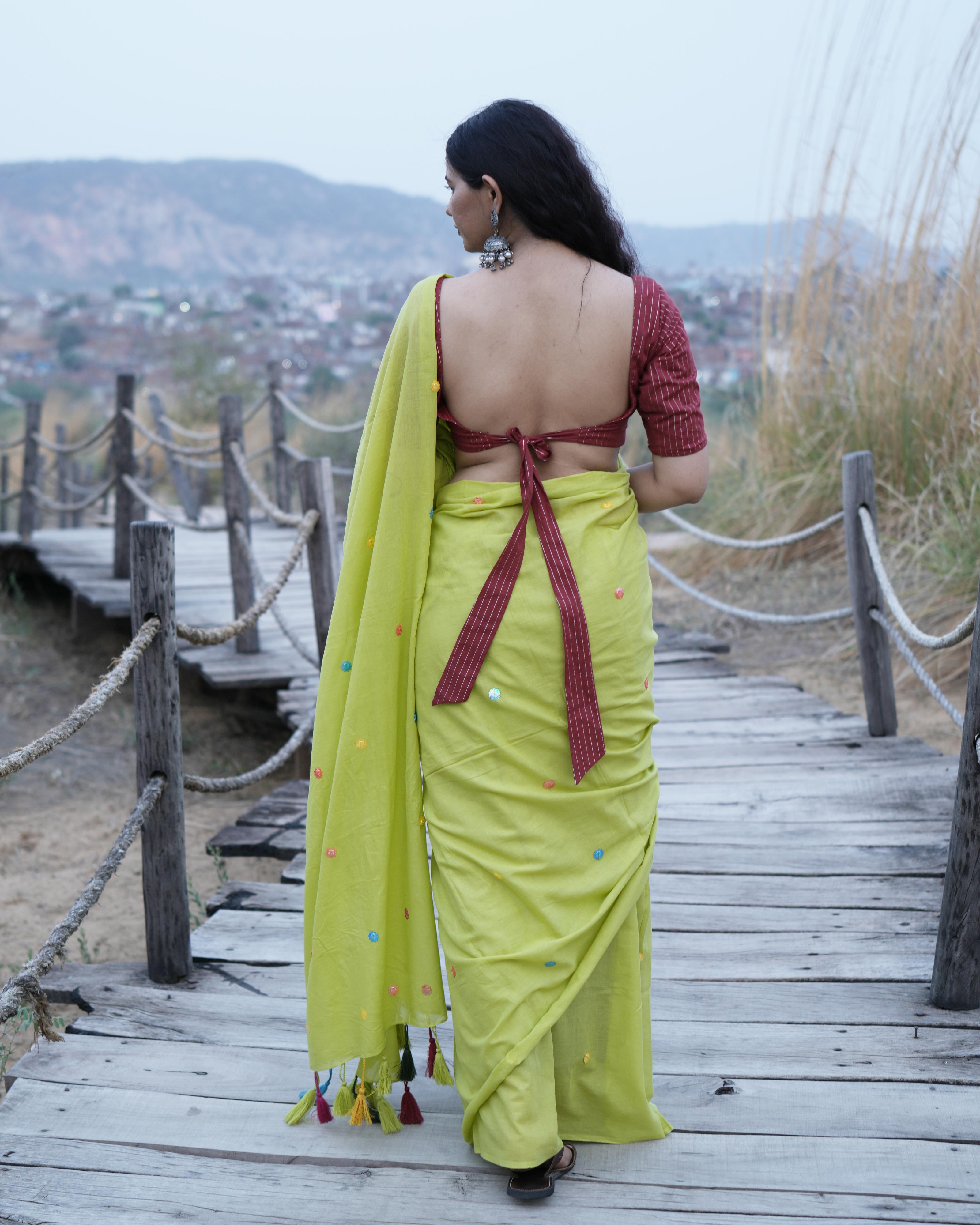 Lime Green Sitara Handwork Mul Saree with Tassels