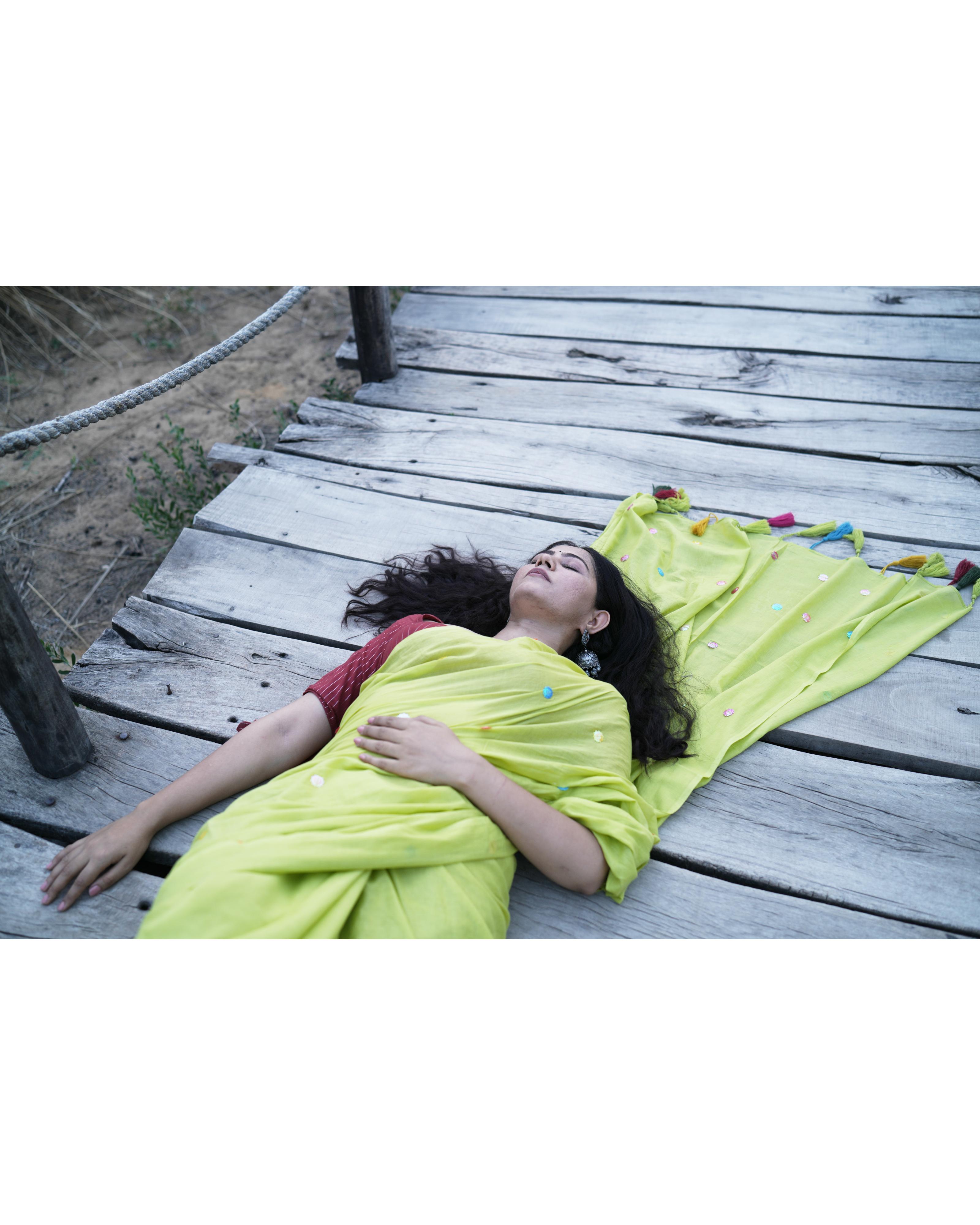 Lime Green Sitara Handwork Mul Saree with Tassels