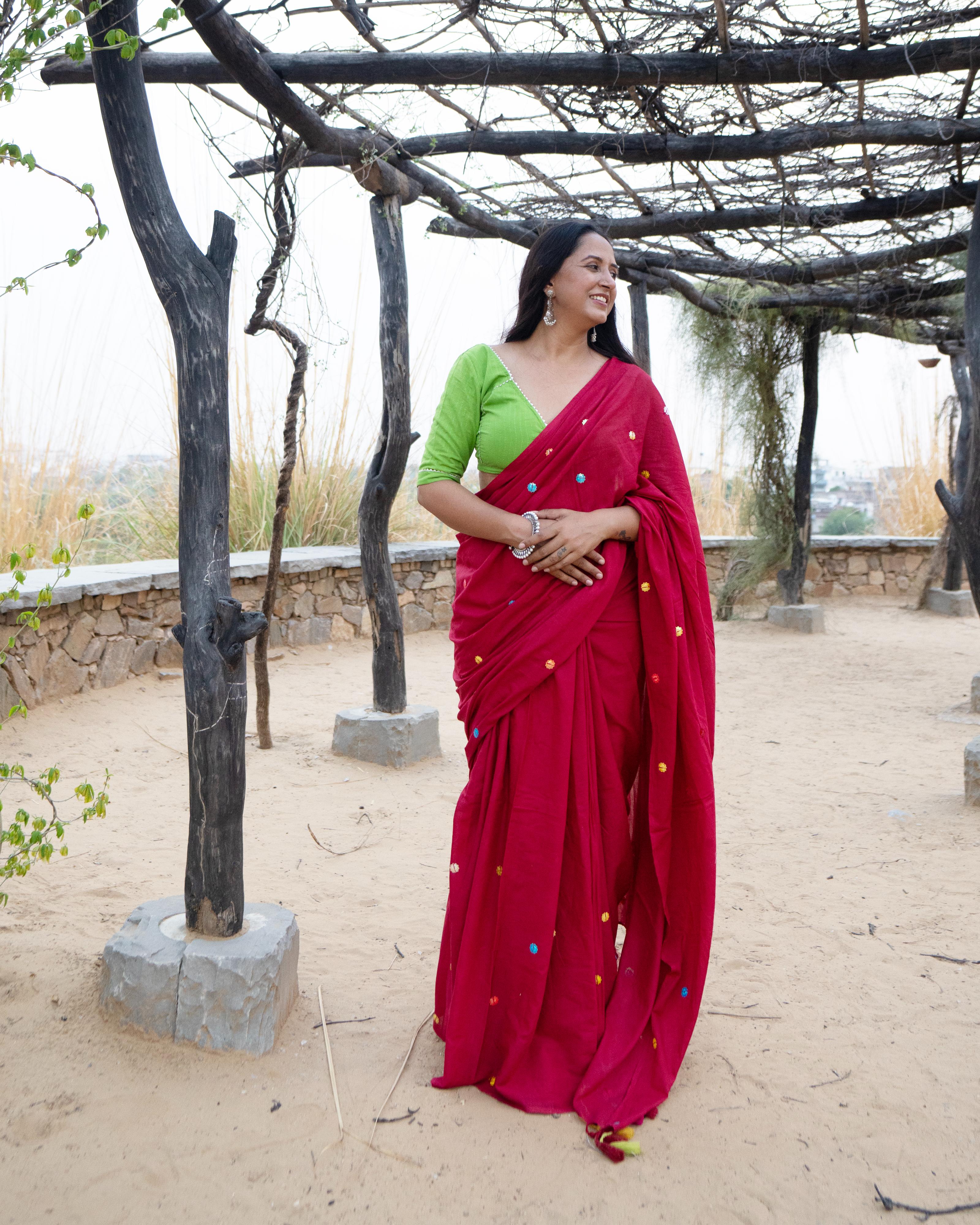 Magenta Sitara Handwork Mul Saree with Tassels