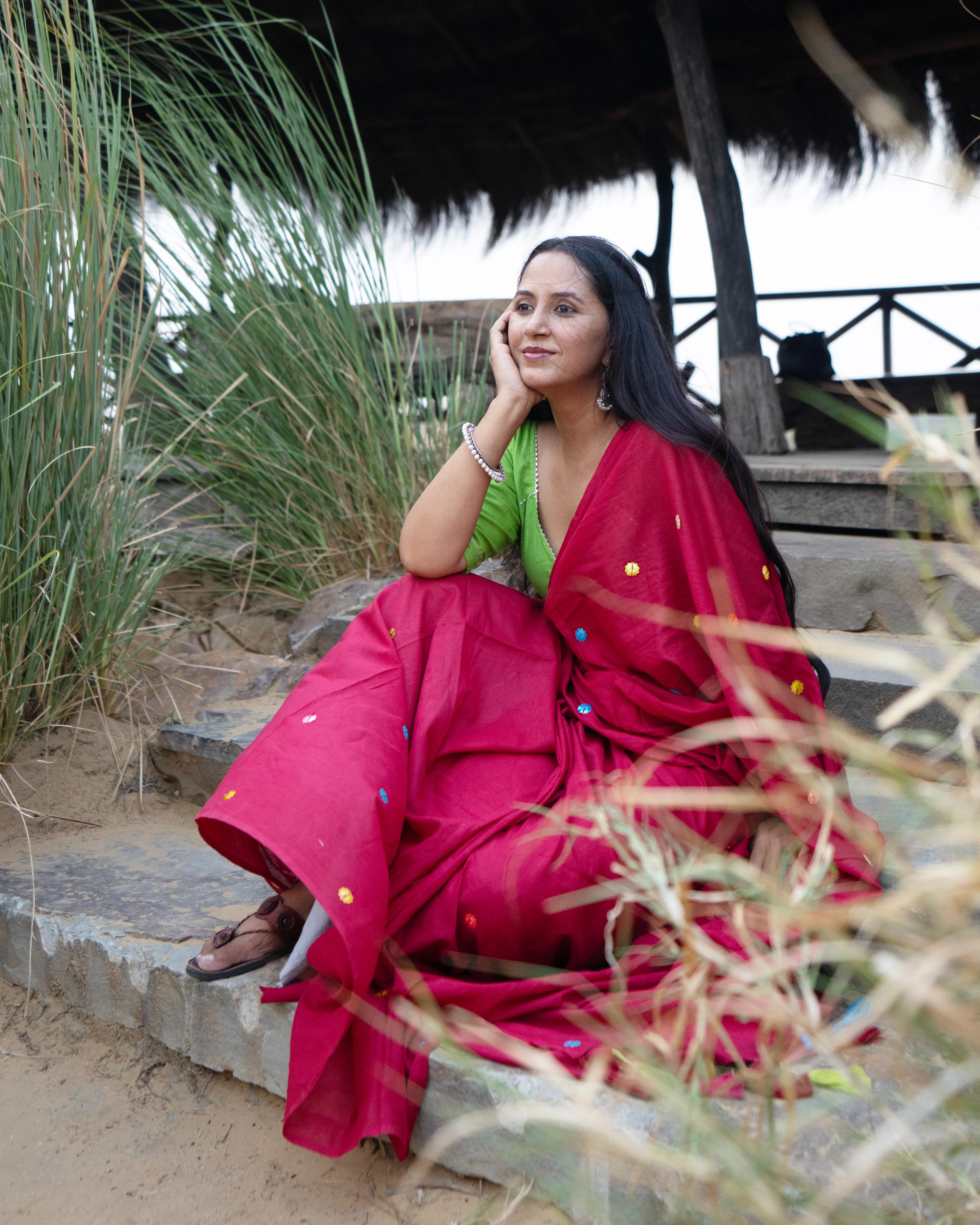 Magenta Sitara Handwork Mul Saree with Tassels