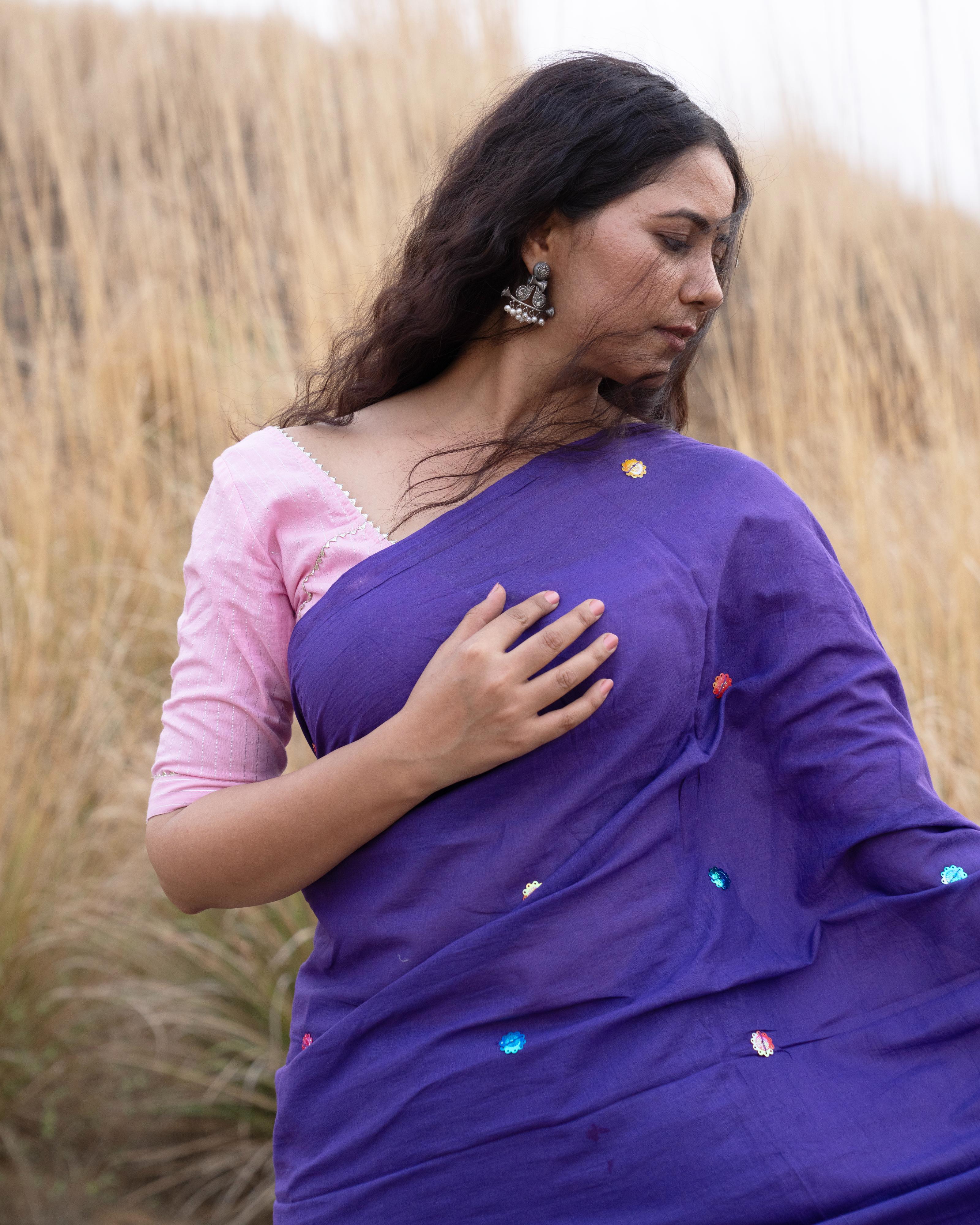 Violet Sitara Handwork Mul Saree with Tassels