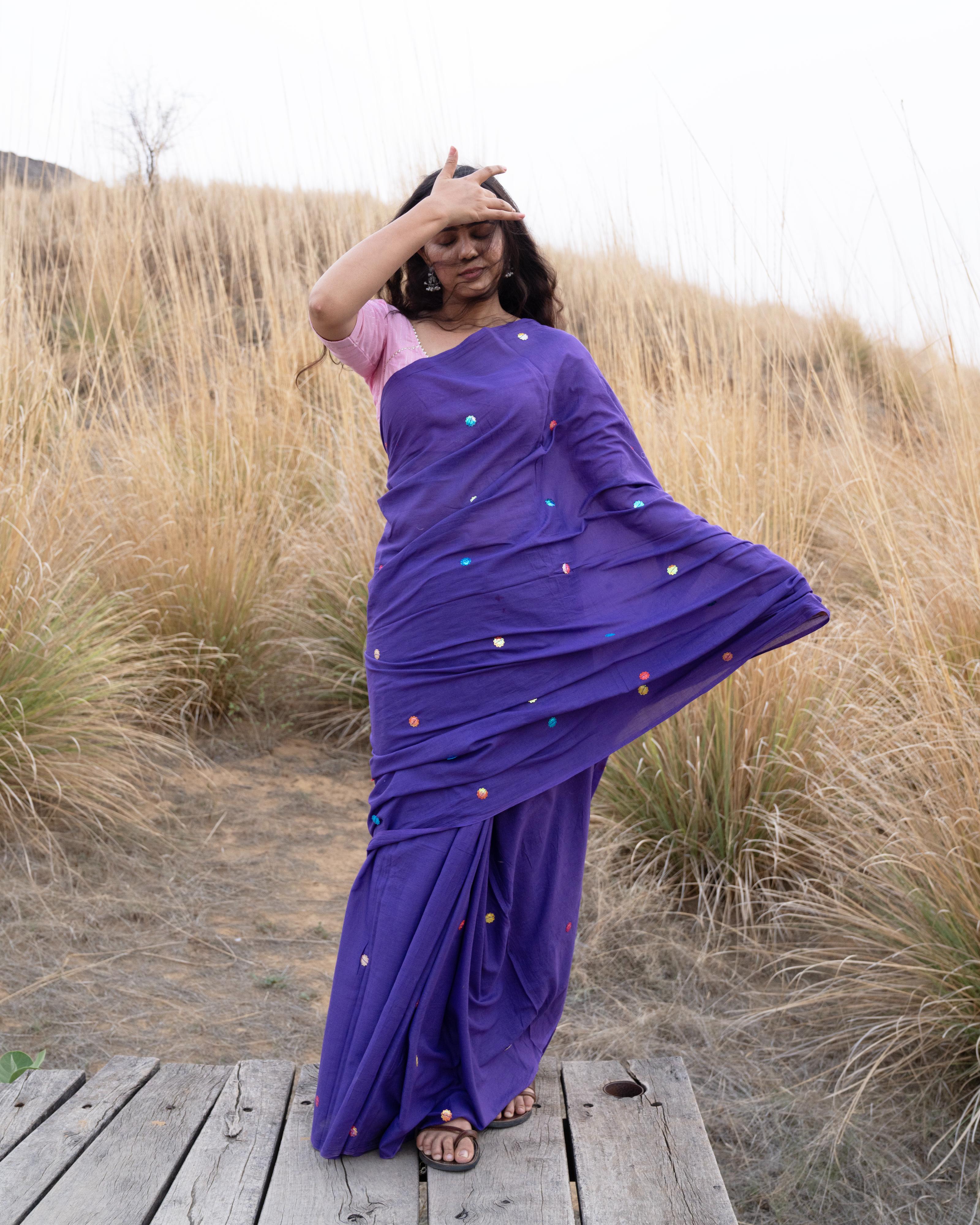 Violet Sitara Handwork Mul Saree with Tassels