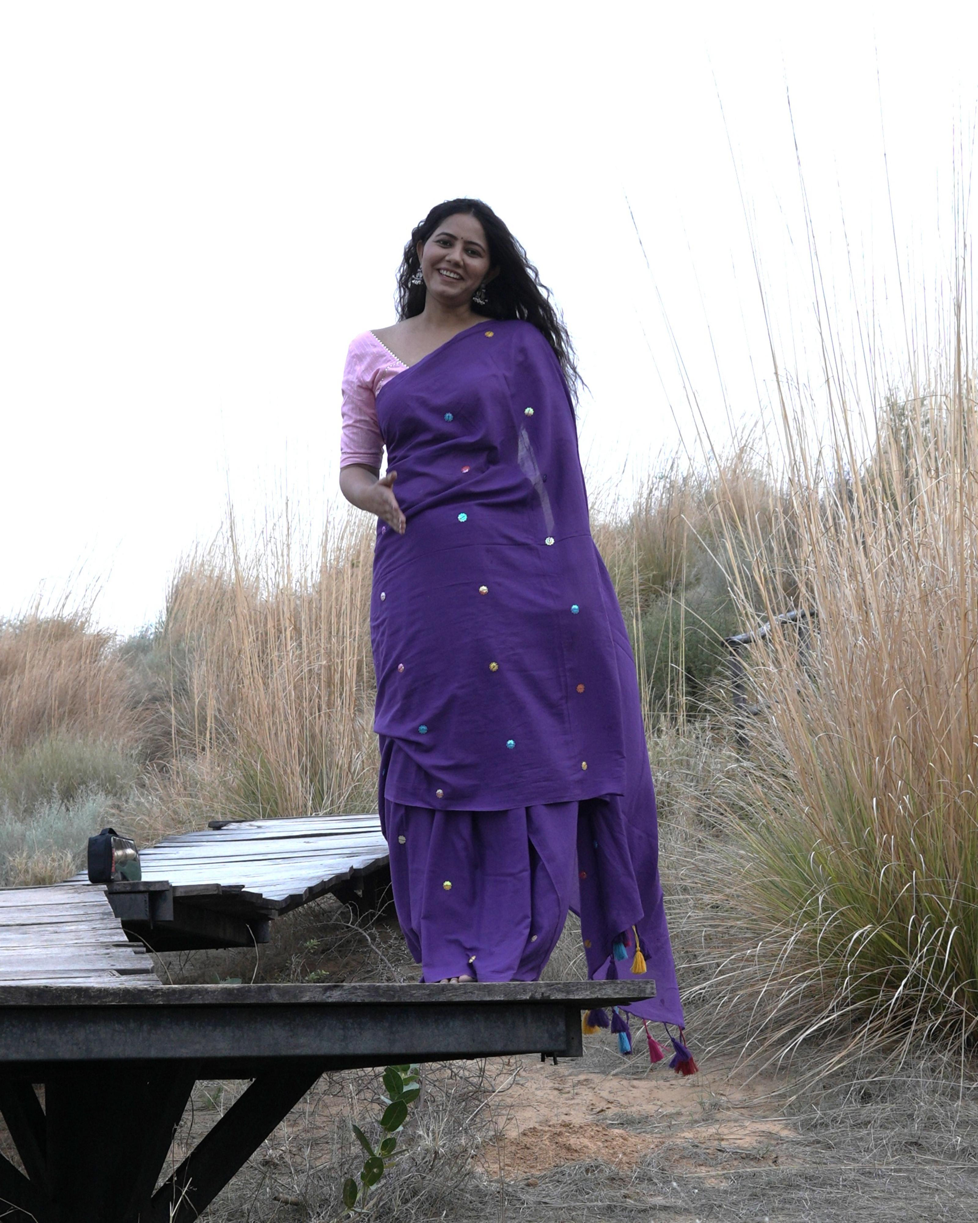 Violet Sitara Handwork Mul Saree with Tassels