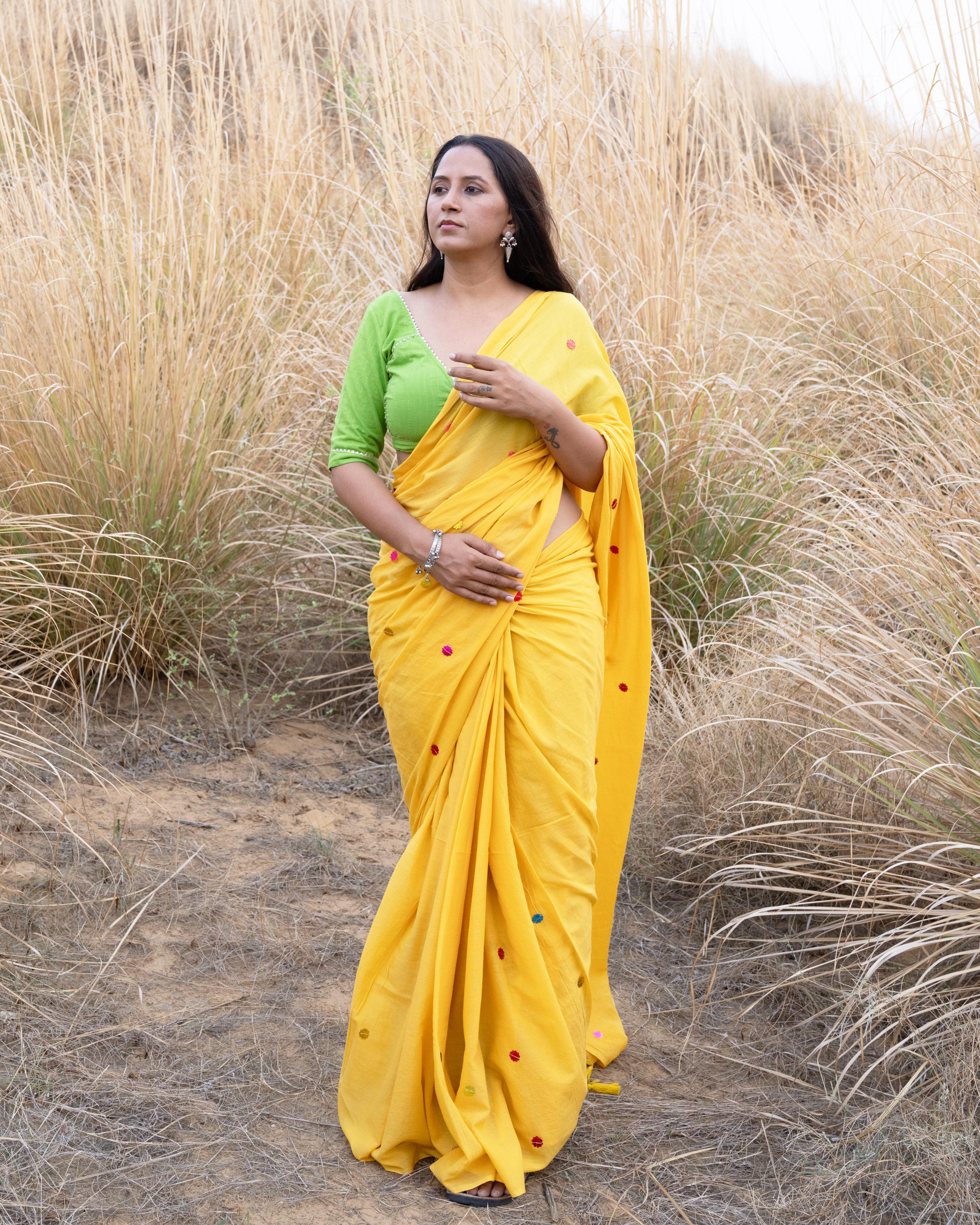 Yellow Sitara Handwork Mul Saree with Tassels