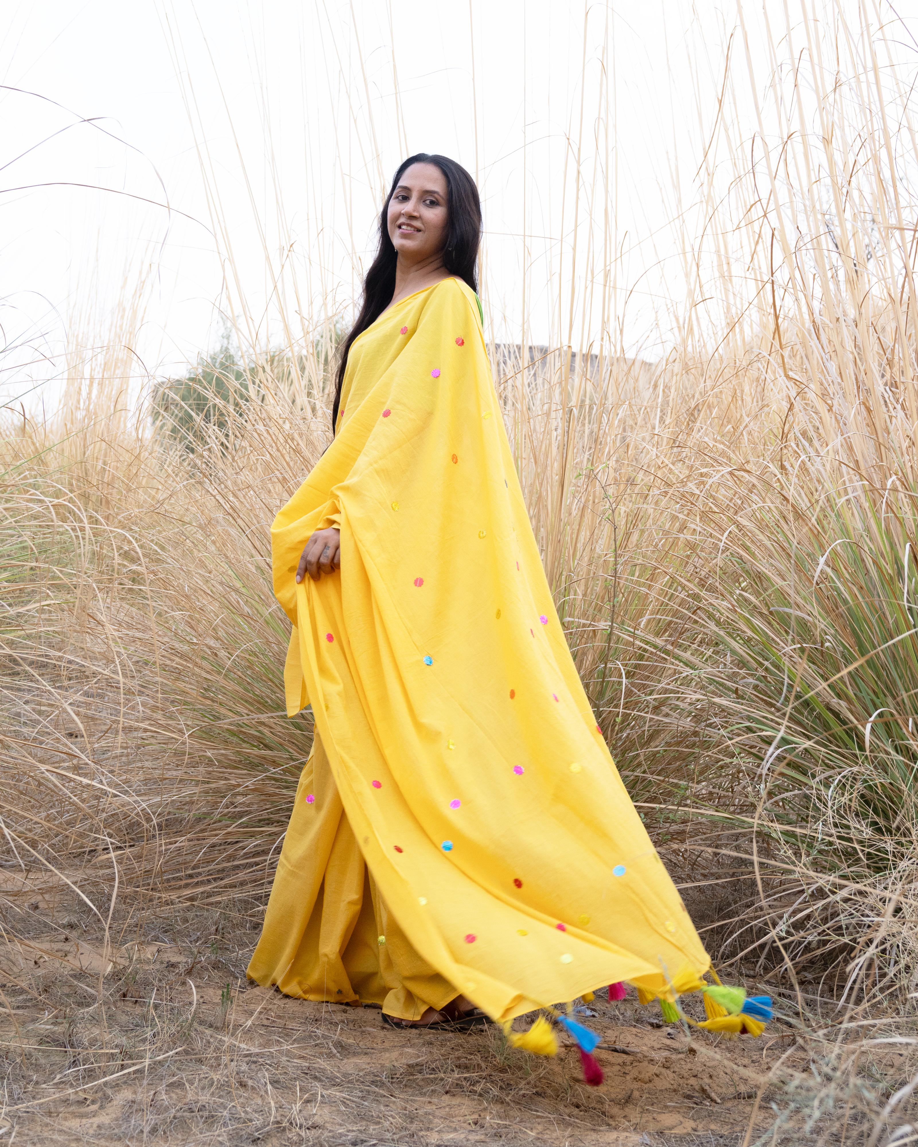 Yellow Sitara Handwork Mul Saree with Tassels