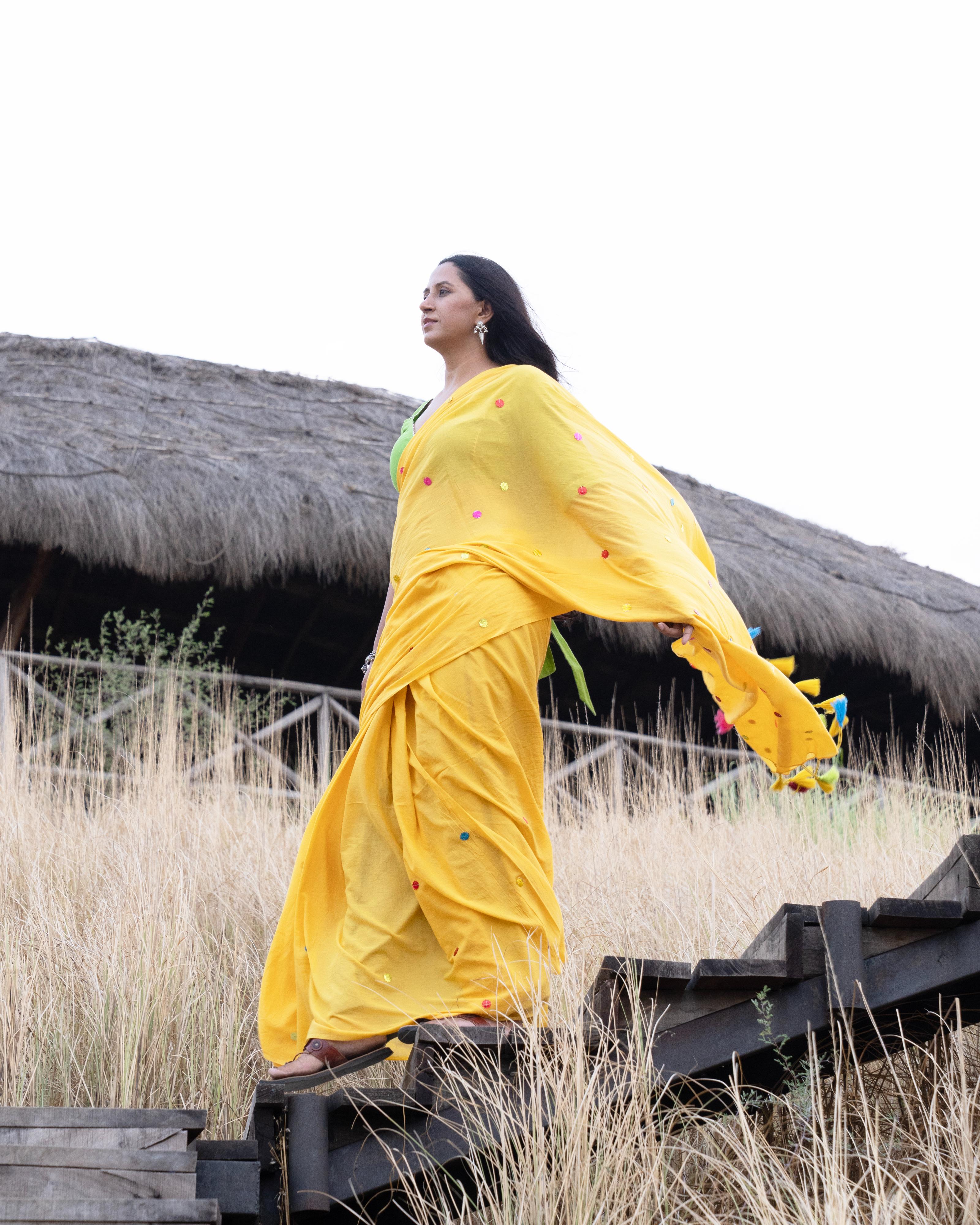 Yellow Sitara Handwork Mul Saree with Tassels