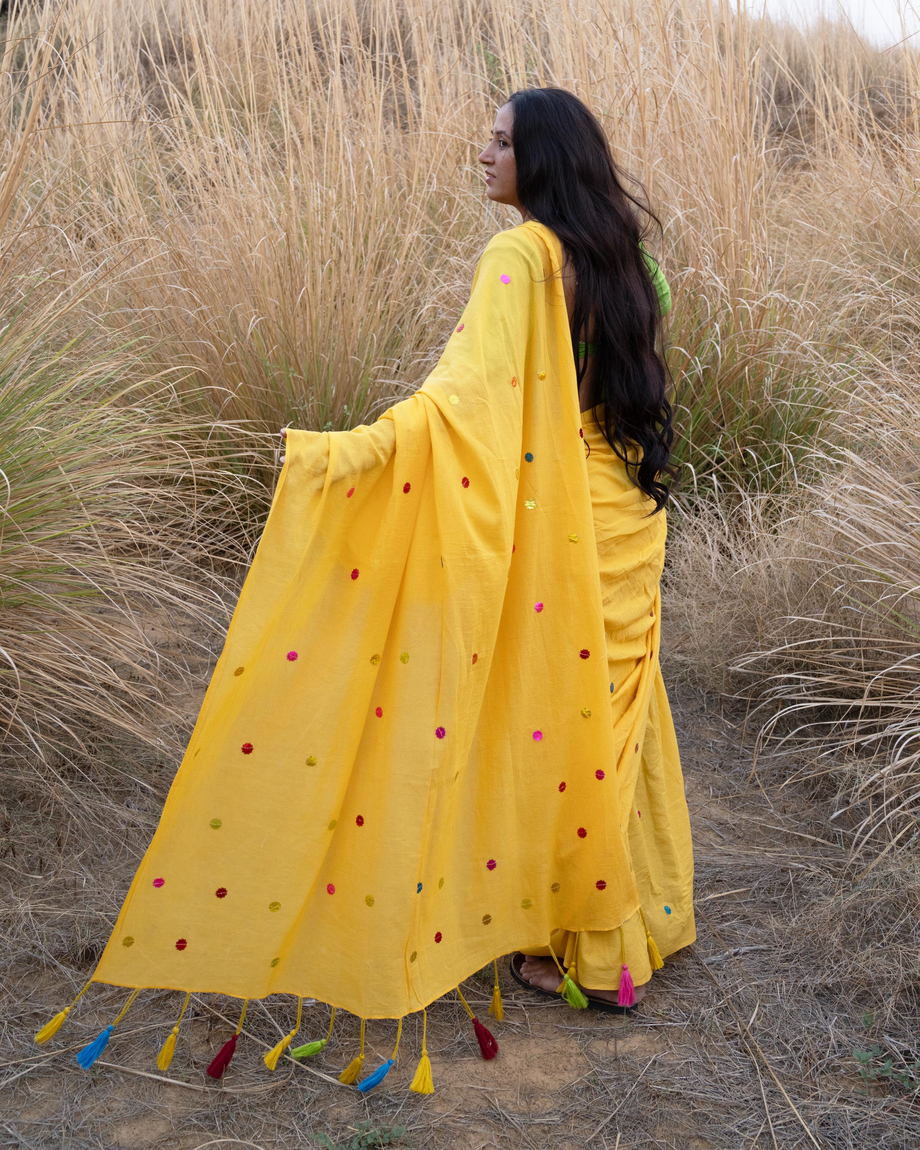 Yellow Sitara Handwork Mul Saree with Tassels