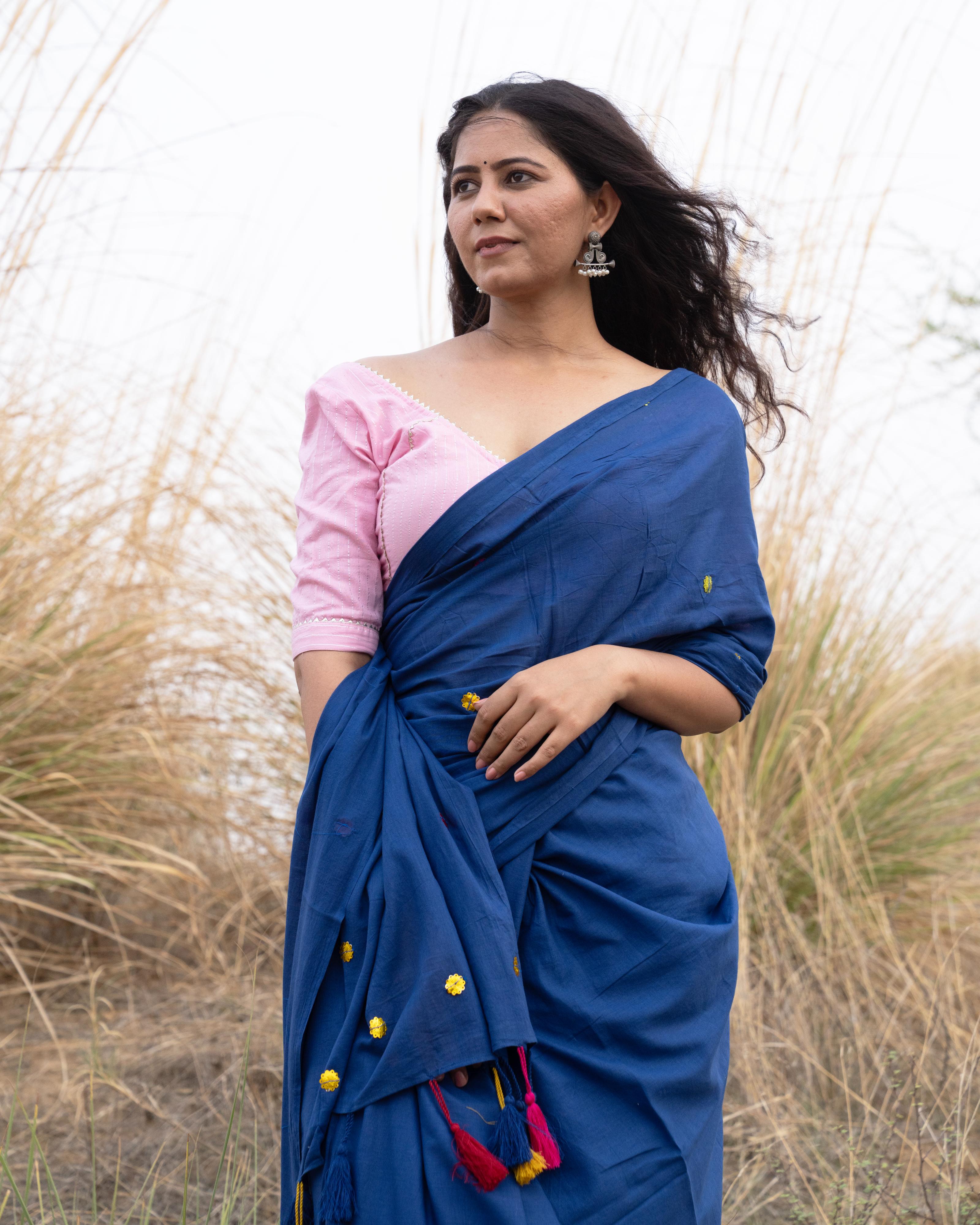 Royal Blue Sitara Handwork Mul Saree with Tassels