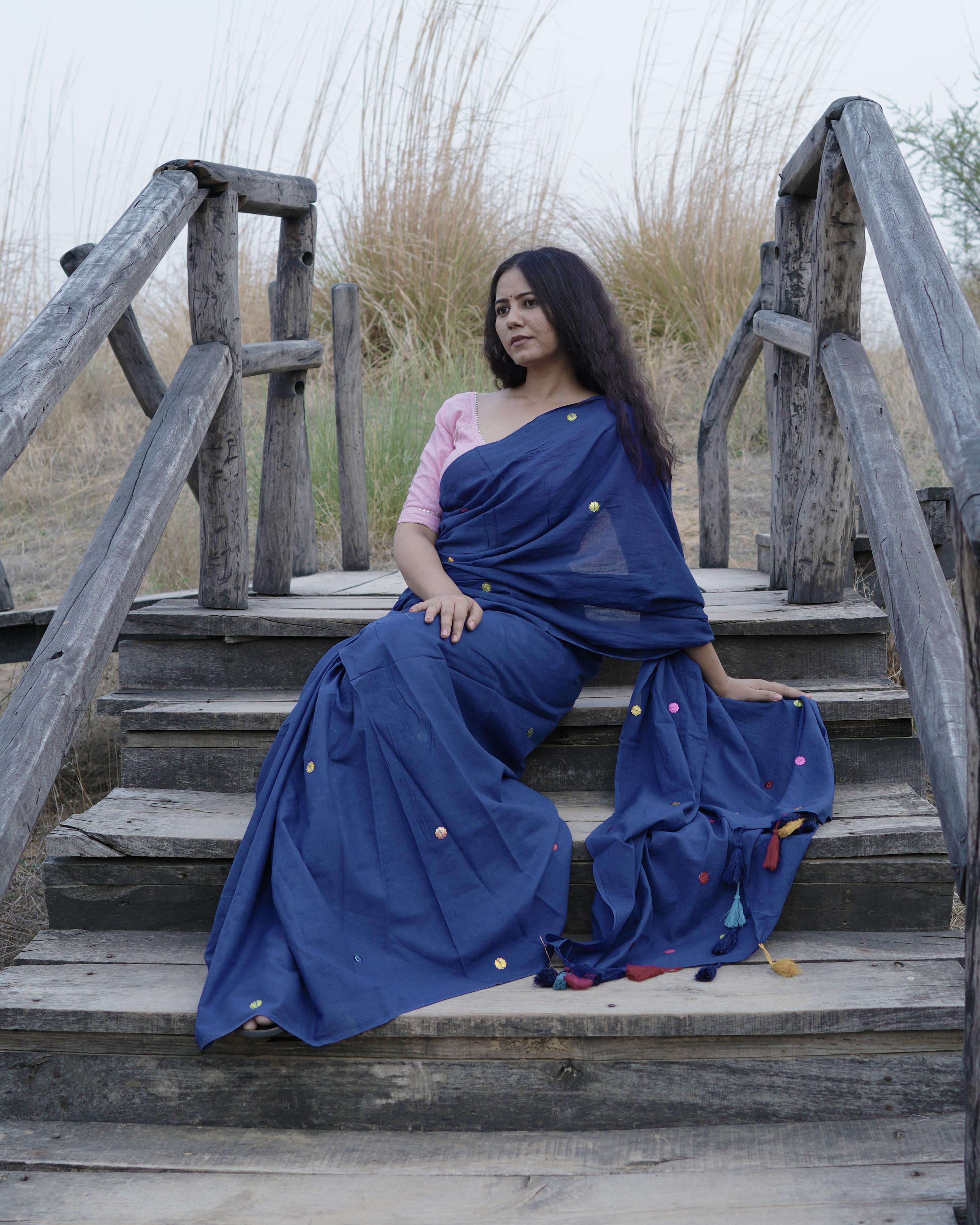 Royal Blue Sitara Handwork Mul Saree with Tassels