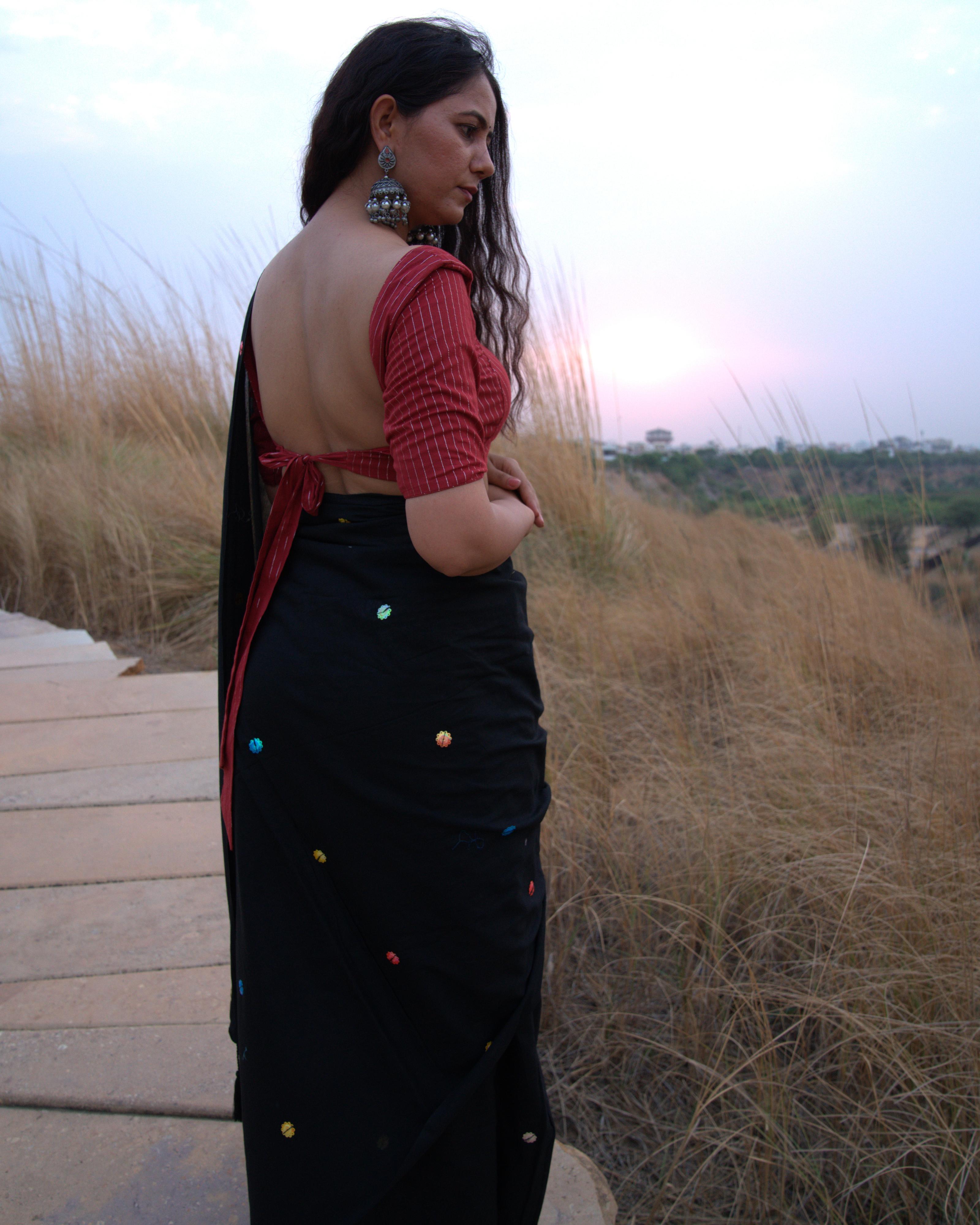 Black Sitara Handwork Mul Saree with Tassels