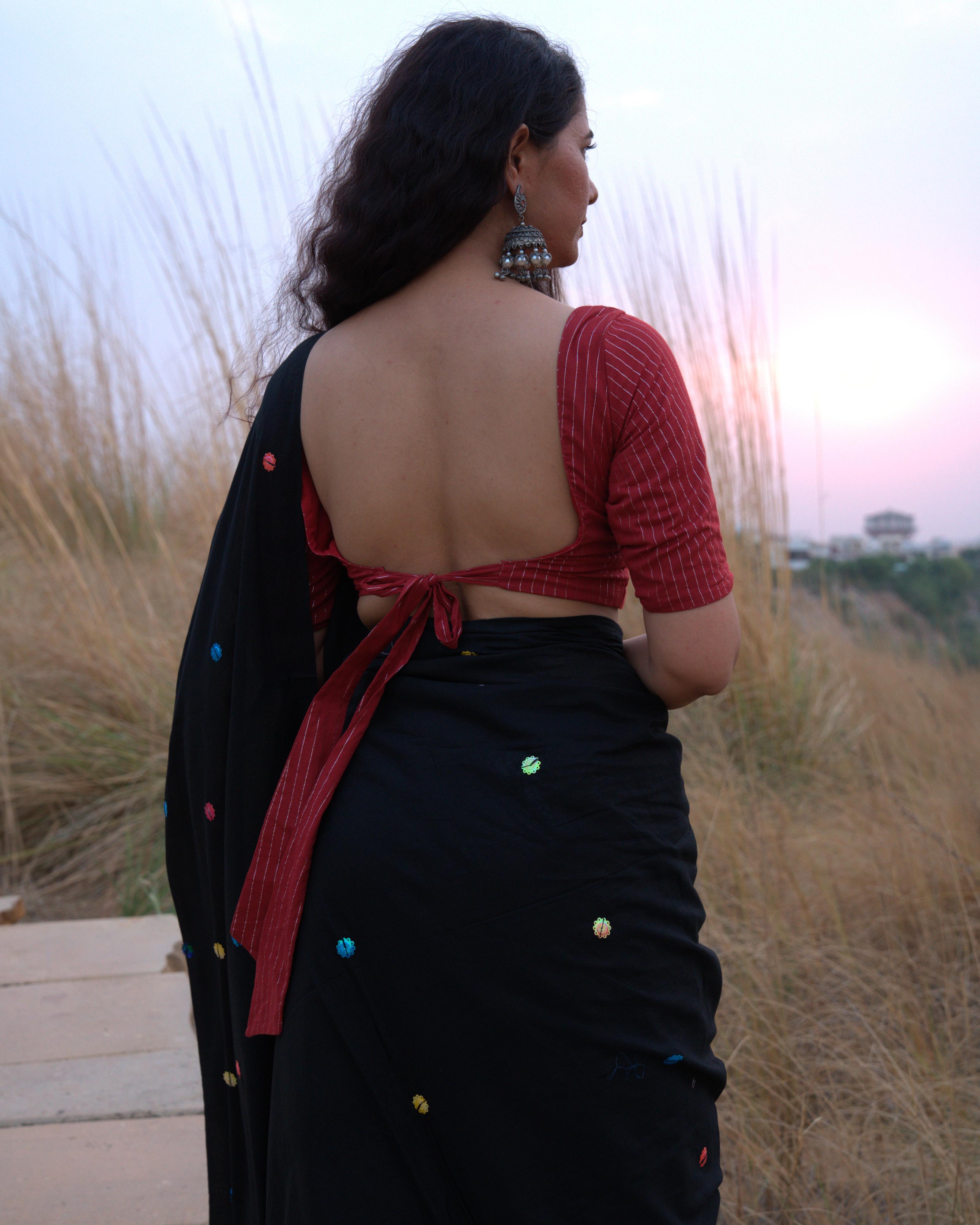Black Sitara Handwork Mul Saree with Tassels