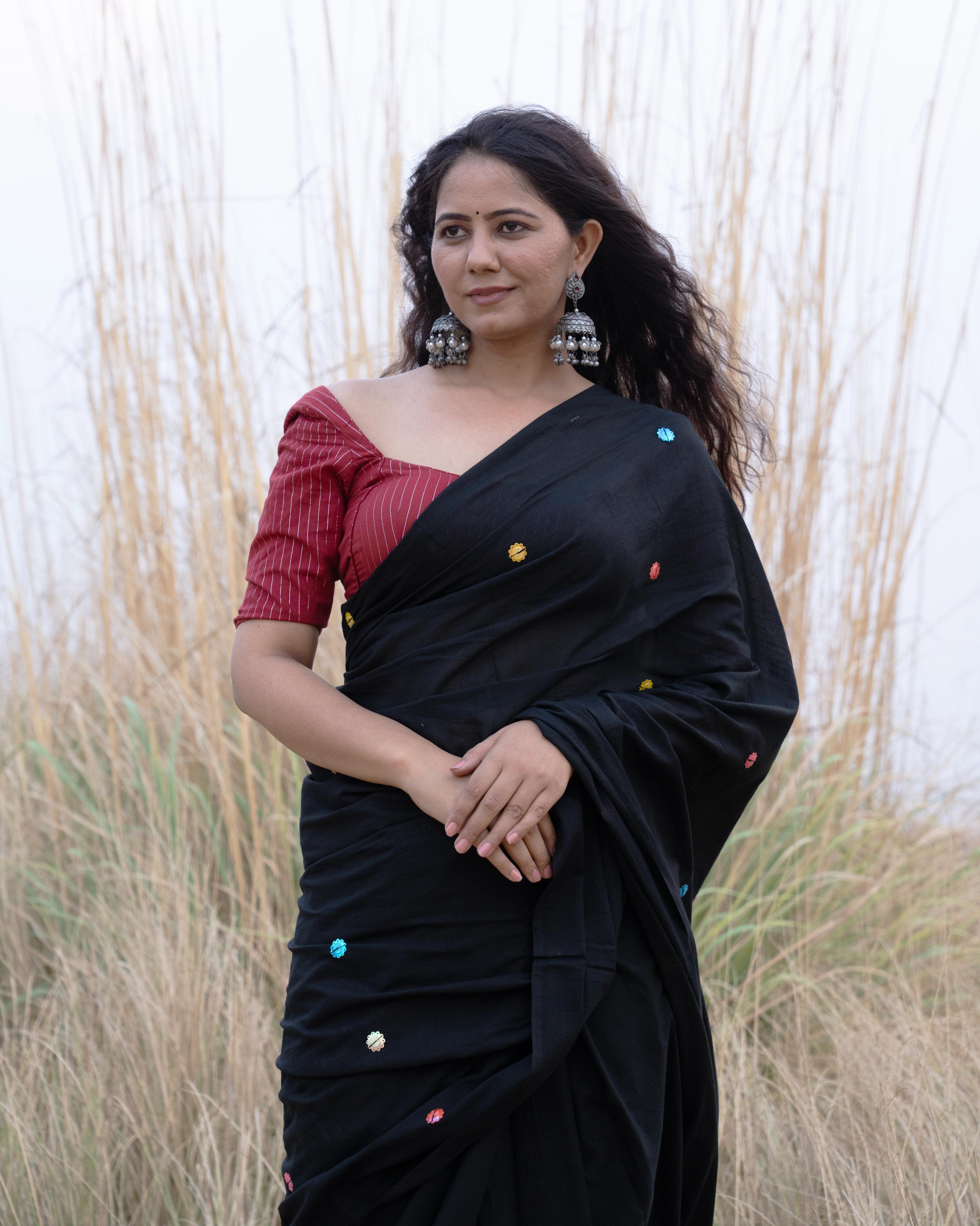 Black Sitara Handwork Mul Saree with Tassels