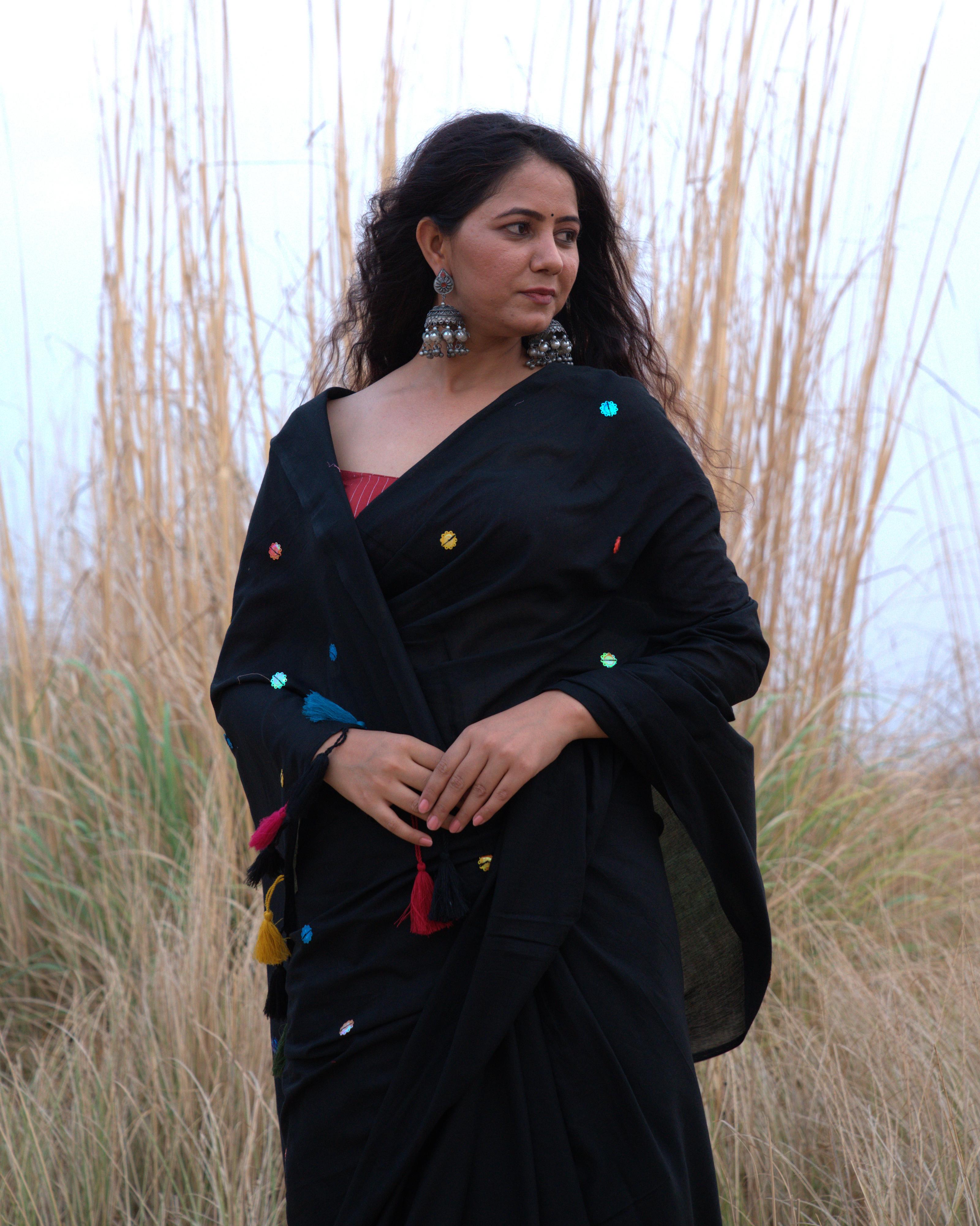 Black Sitara Handwork Mul Saree with Tassels