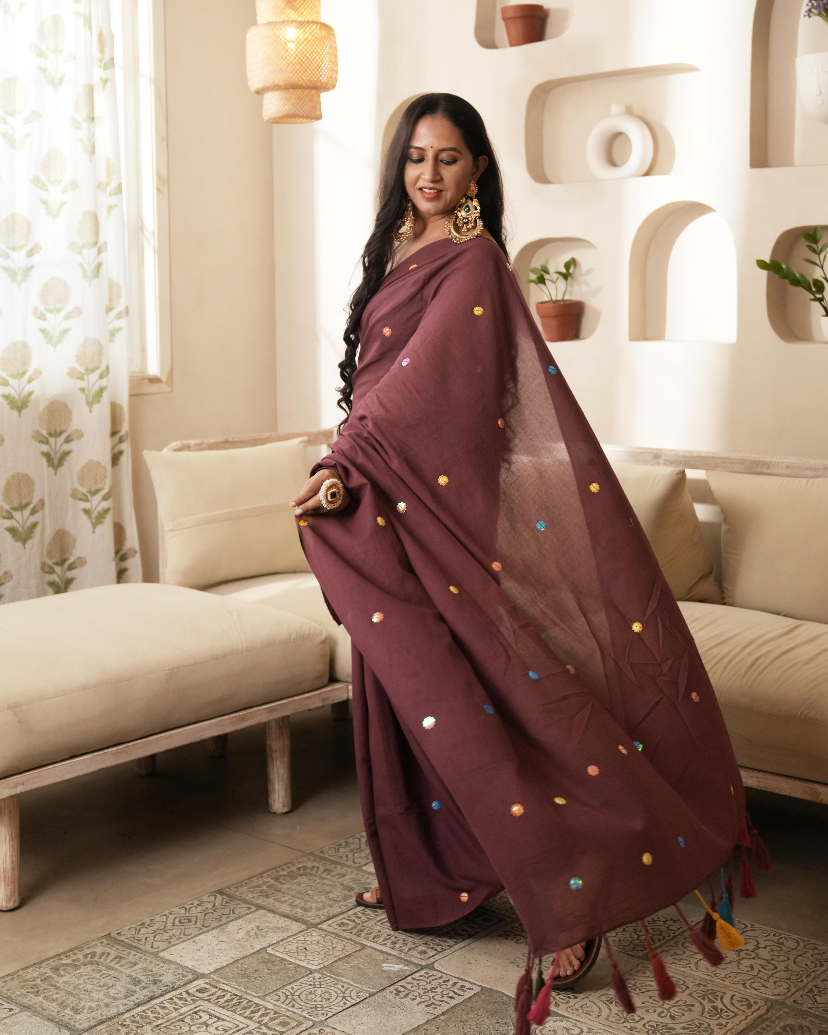 Maroon Sitara Work Mul Saree with Tassels
