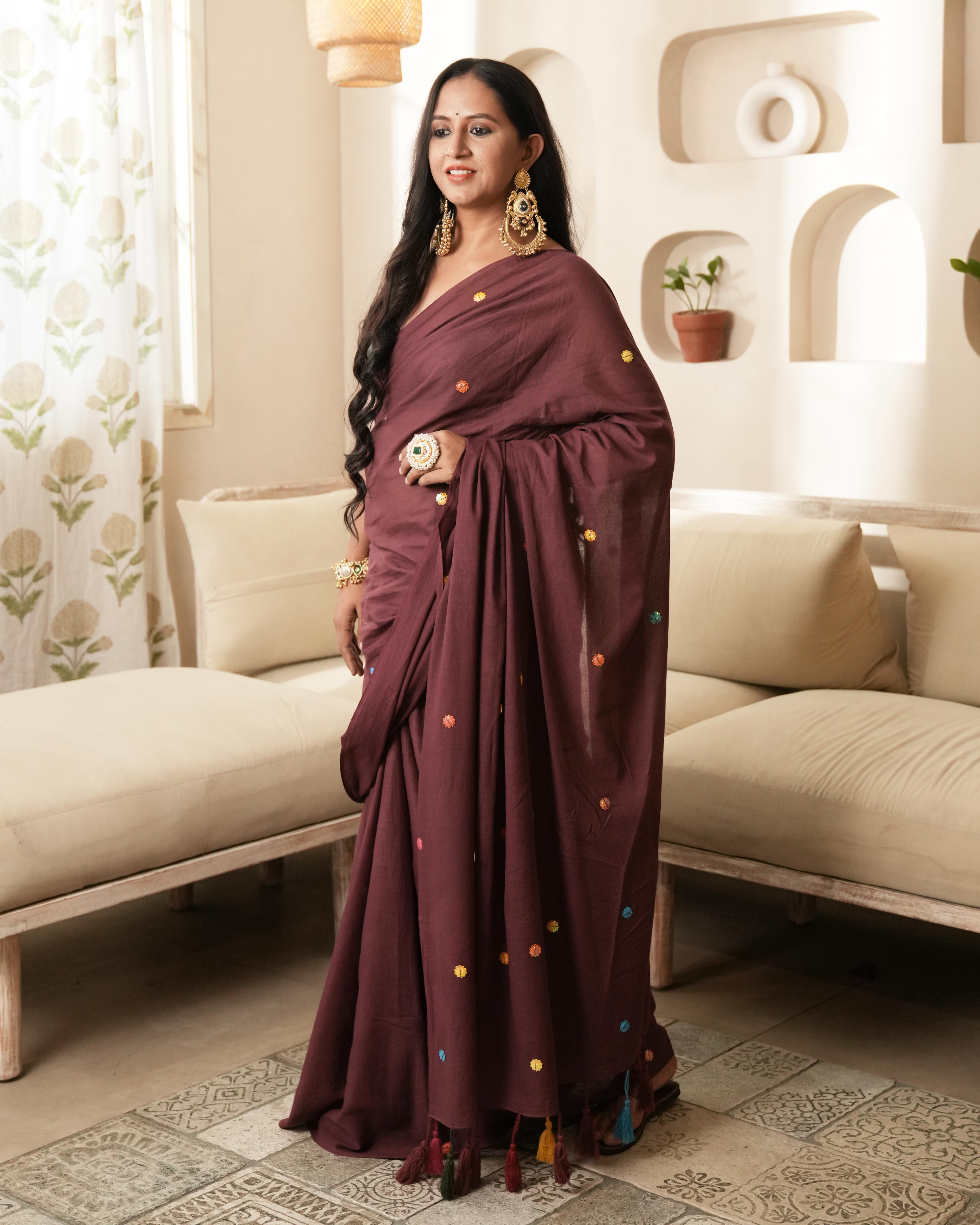 Maroon Sitara Work Mul Saree with Tassels
