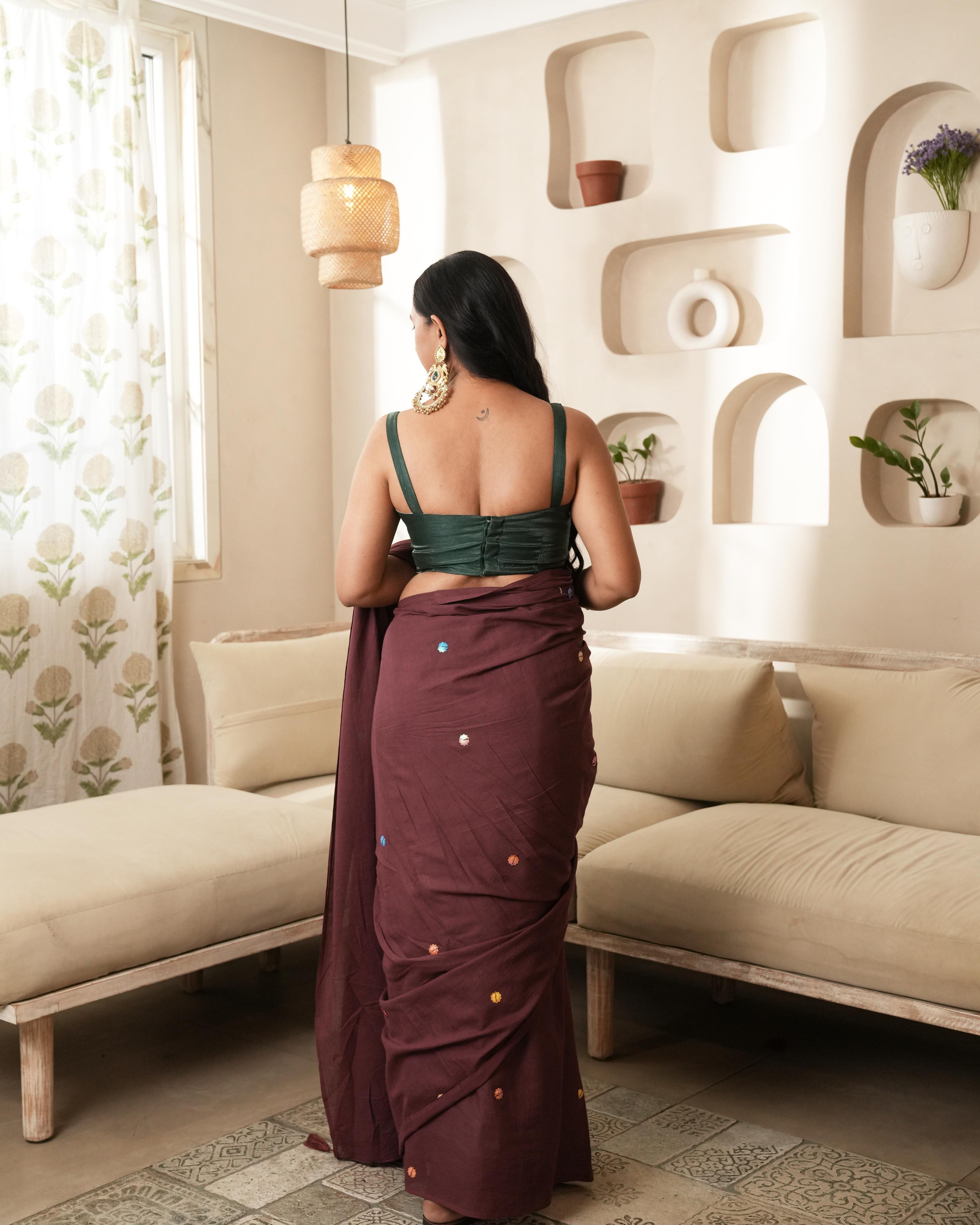 Maroon Sitara Work Mul Saree with Tassels