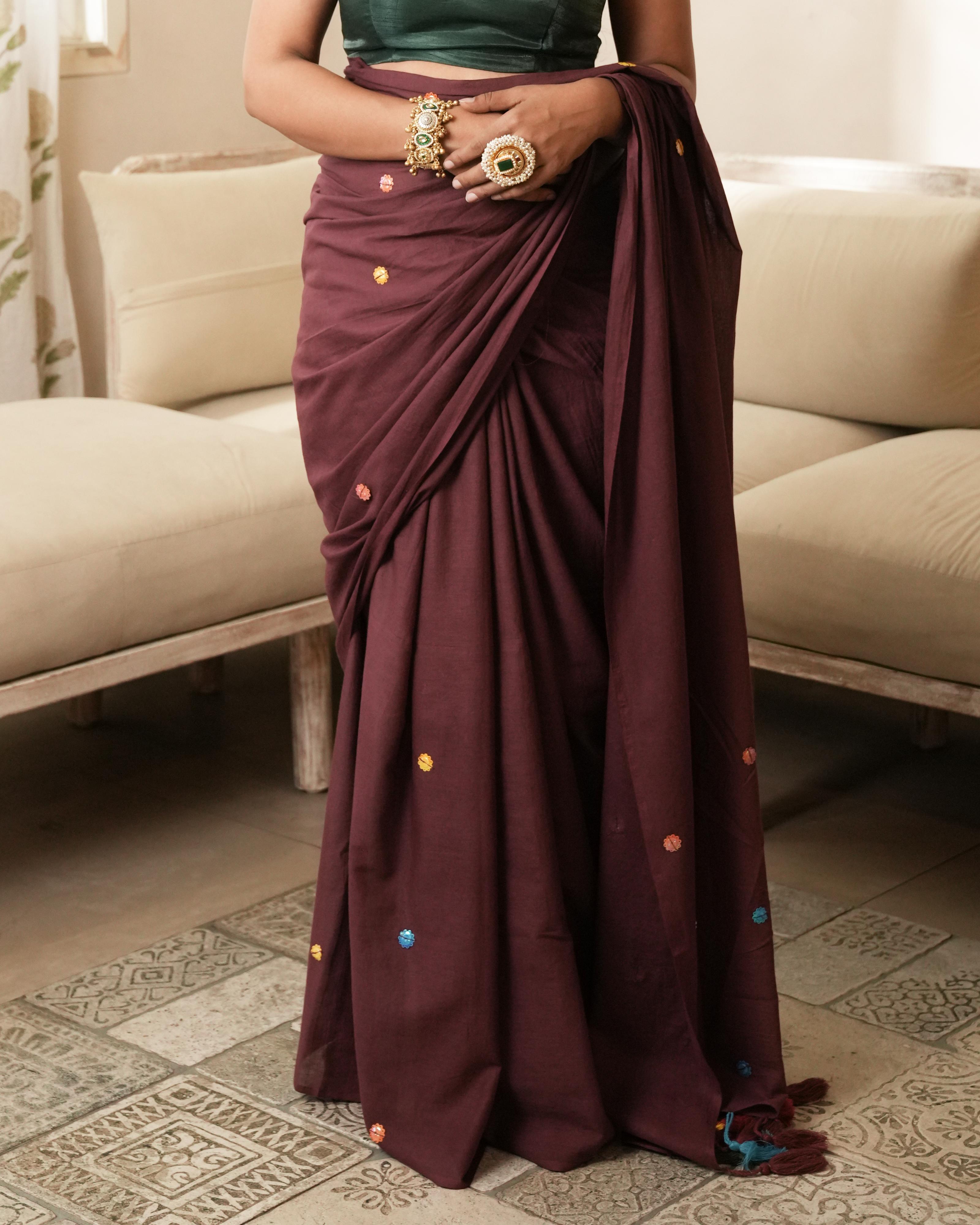 Maroon Sitara Work Mul Saree with Tassels