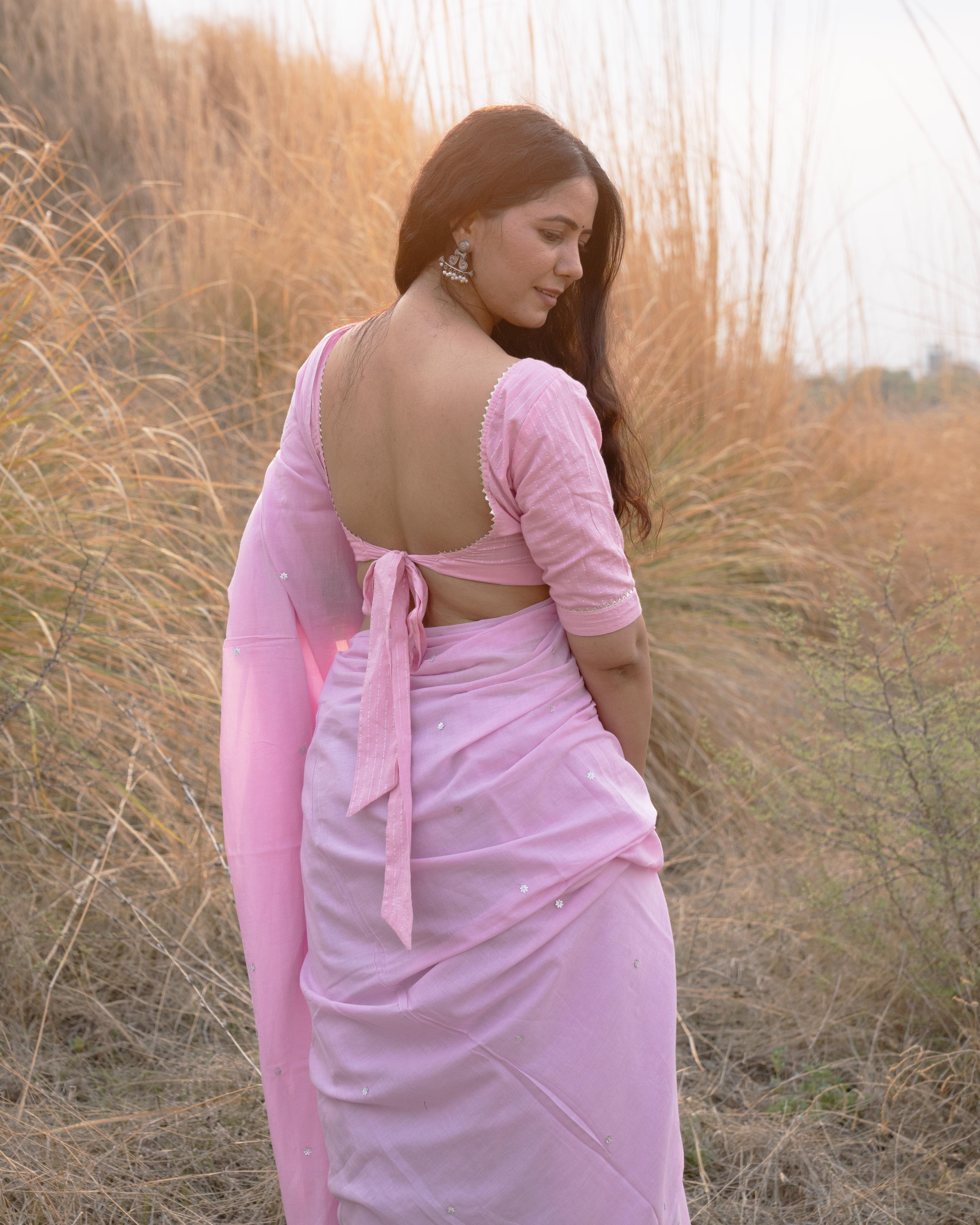 Pink Sequence Handwork Mul Saree with Tassels