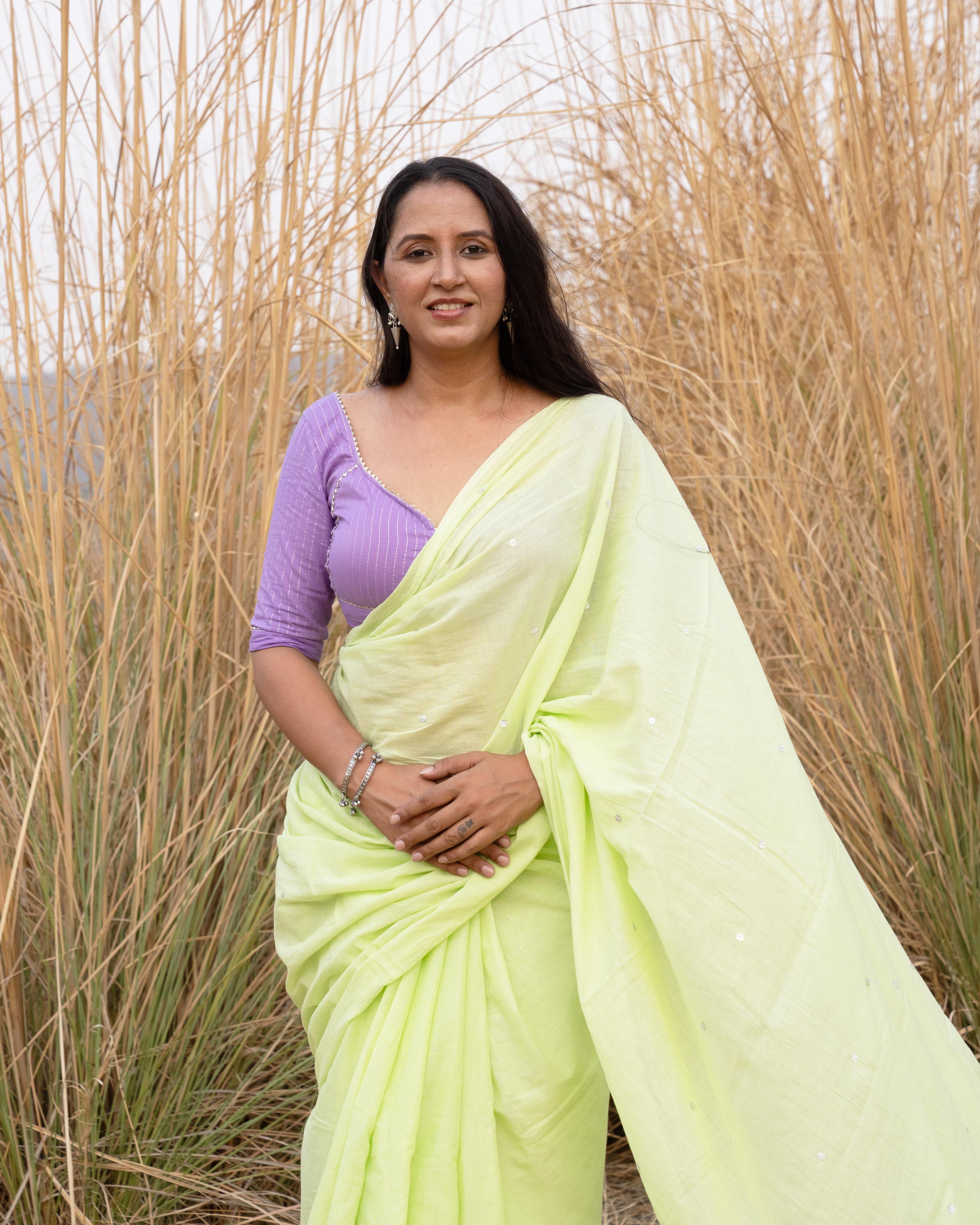 Pista Green Sequence Handwork Mul Saree with Tassels