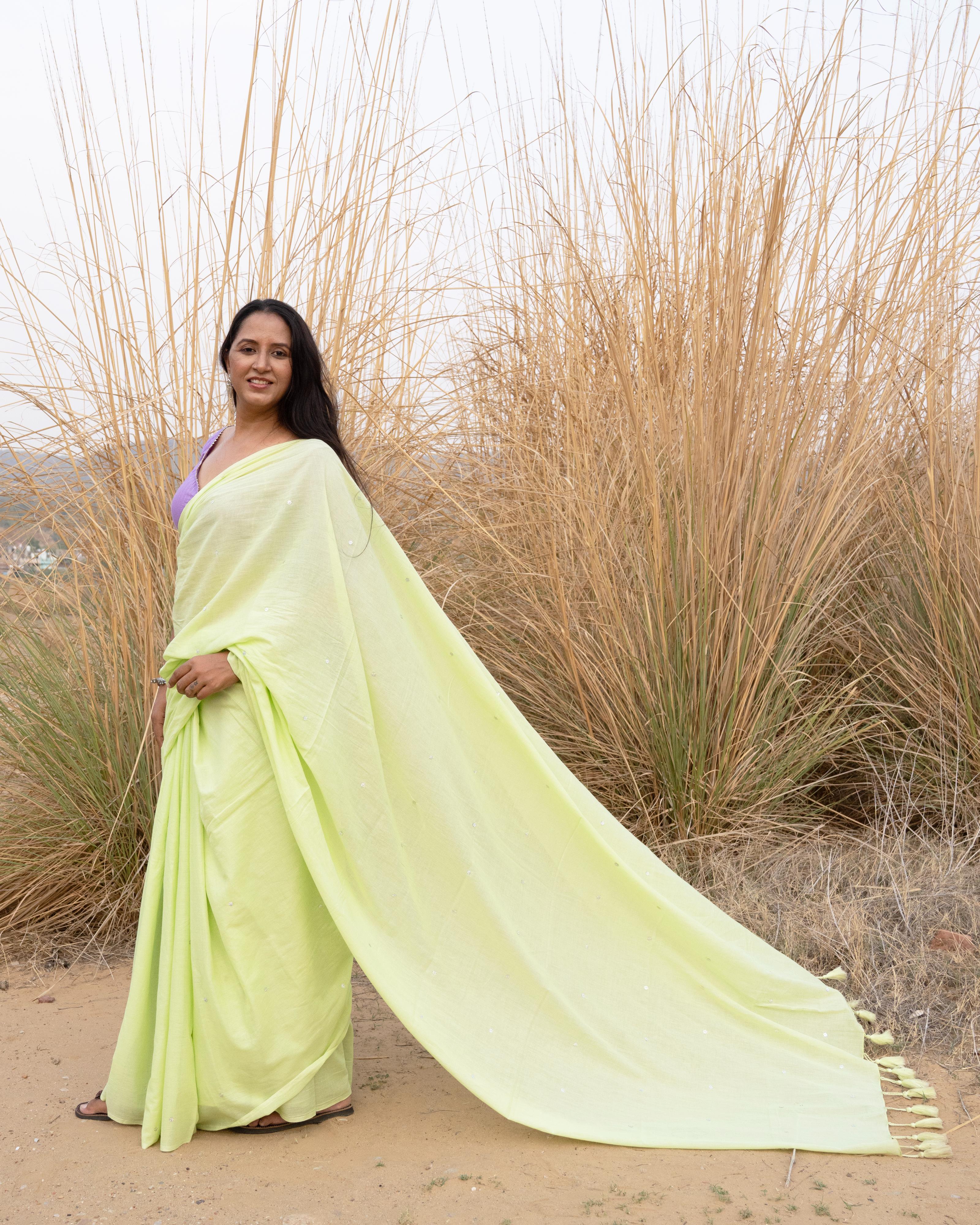 Pista Green Sequence Handwork Mul Saree with Tassels