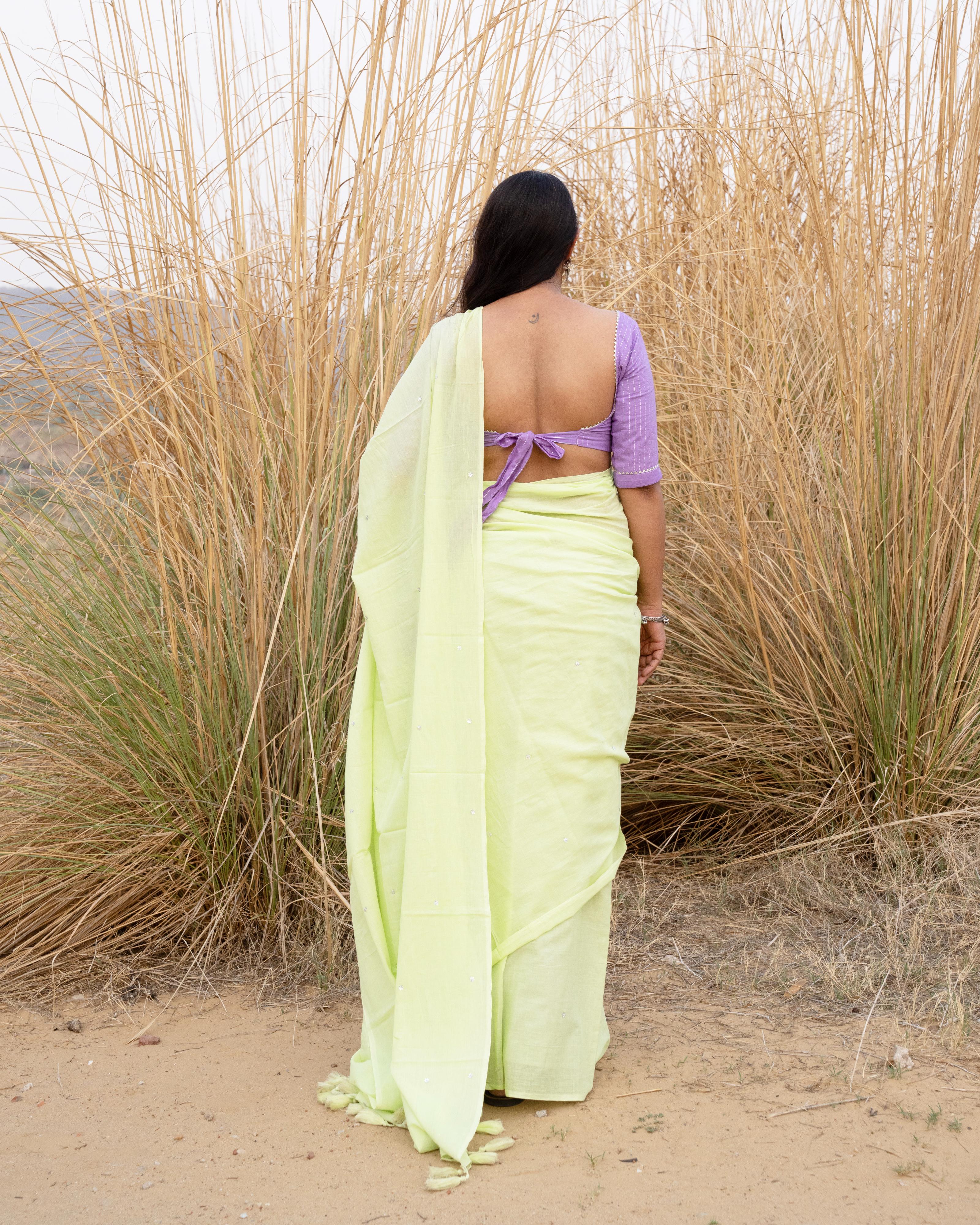 Pista Green Sequence Handwork Mul Saree with Tassels