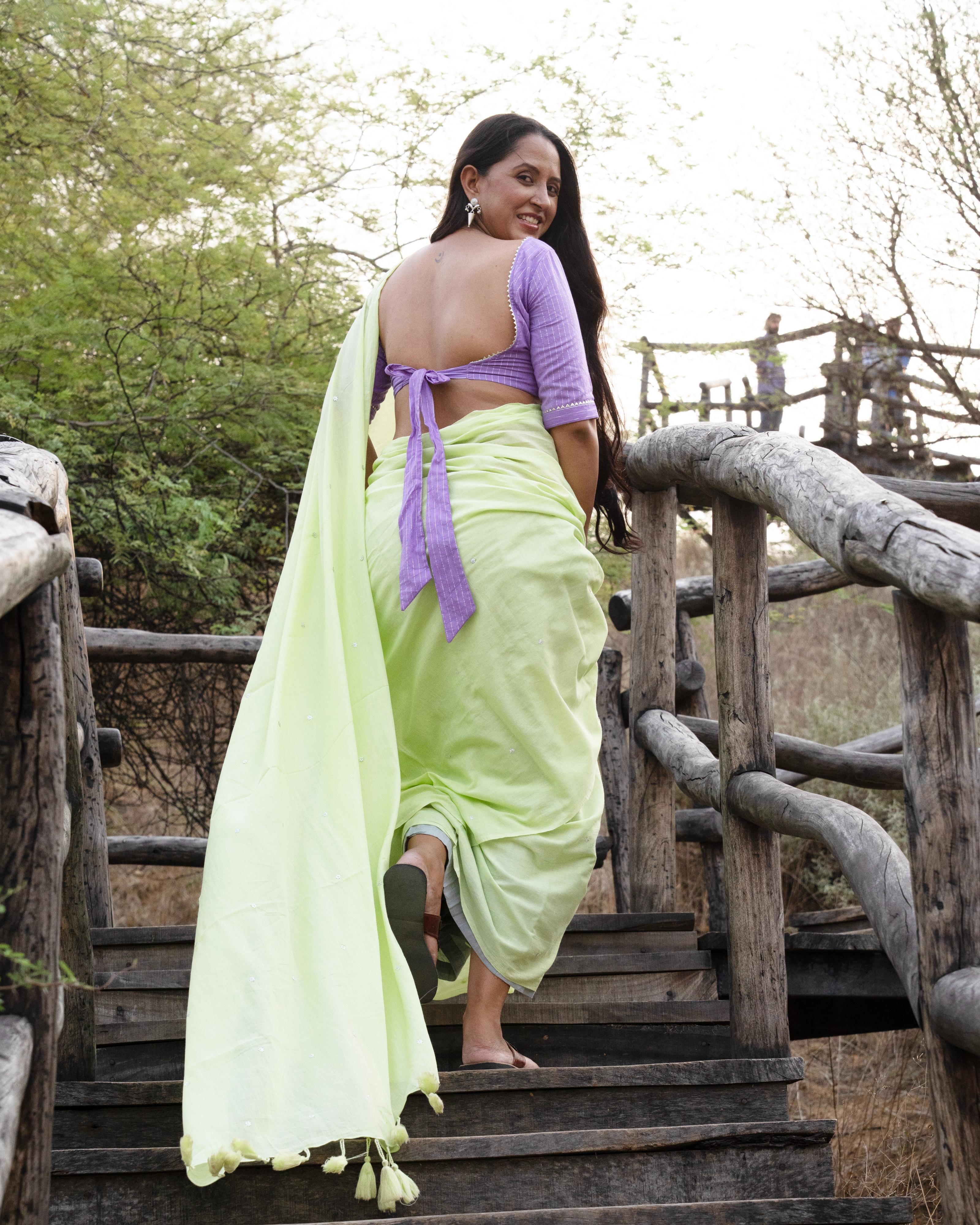 Pista Green Sequence Handwork Mul Saree with Tassels