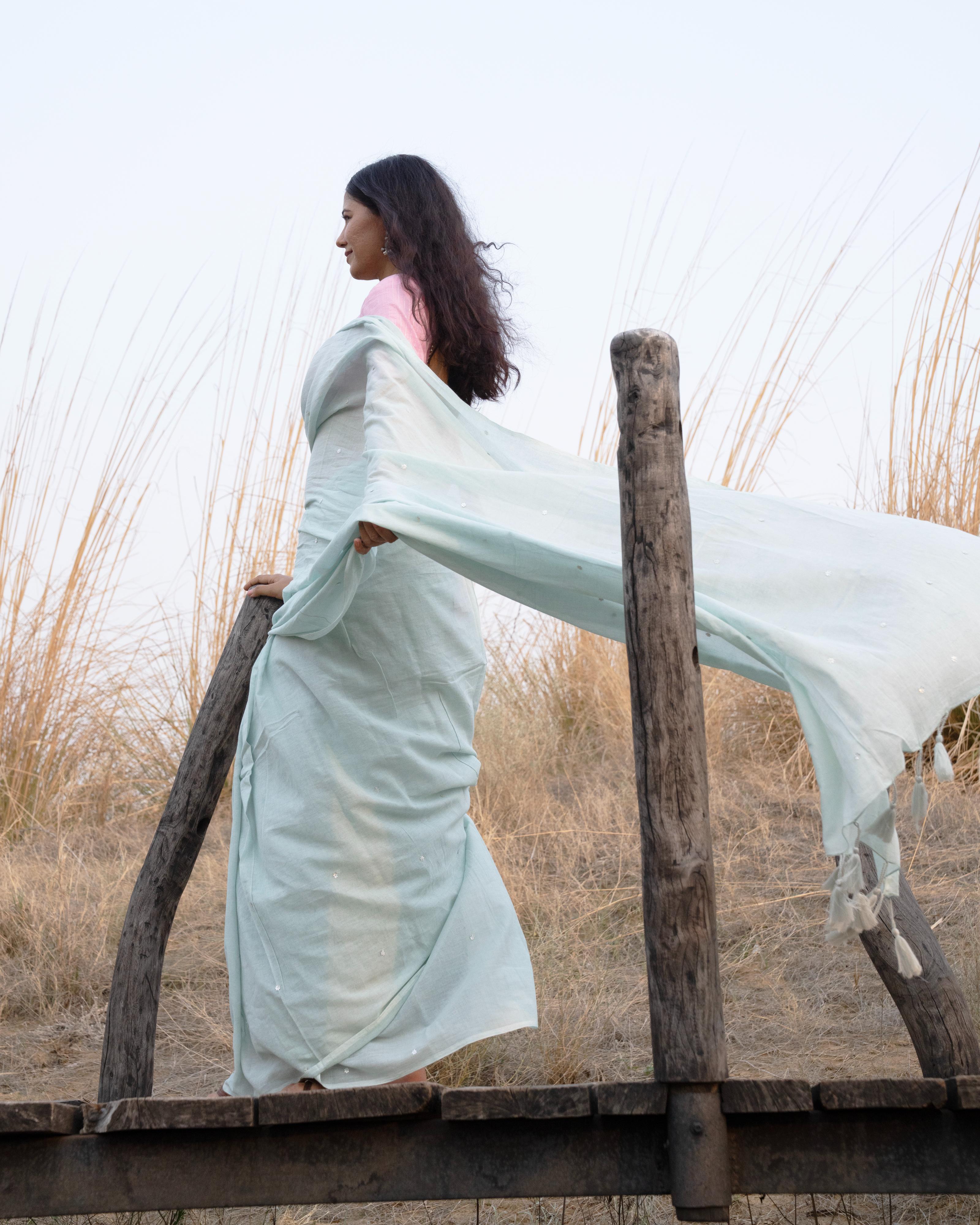 Soft Grey Sequin Work Mul Saree with Tassels