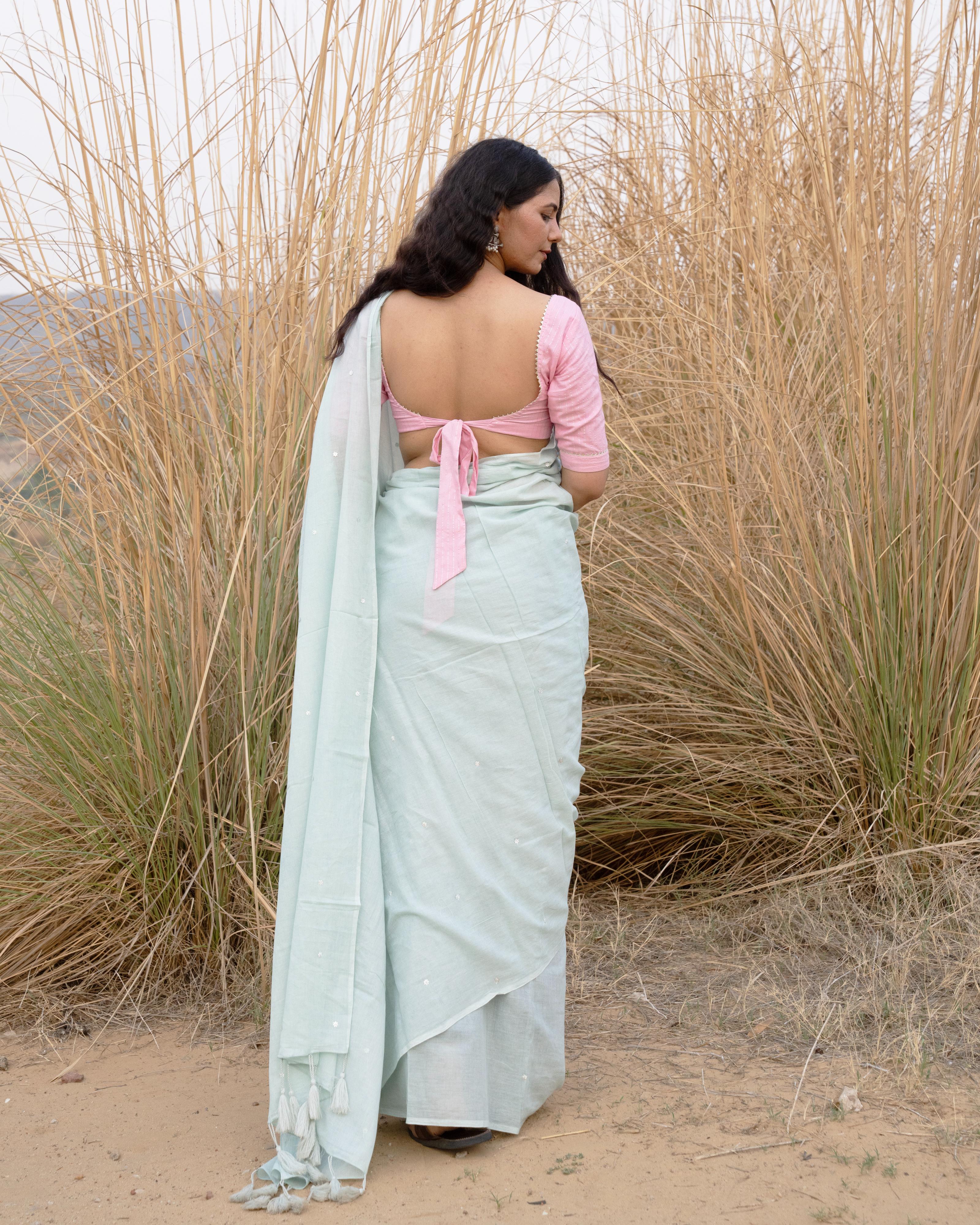 Soft Grey Sequin Work Mul Saree with Tassels