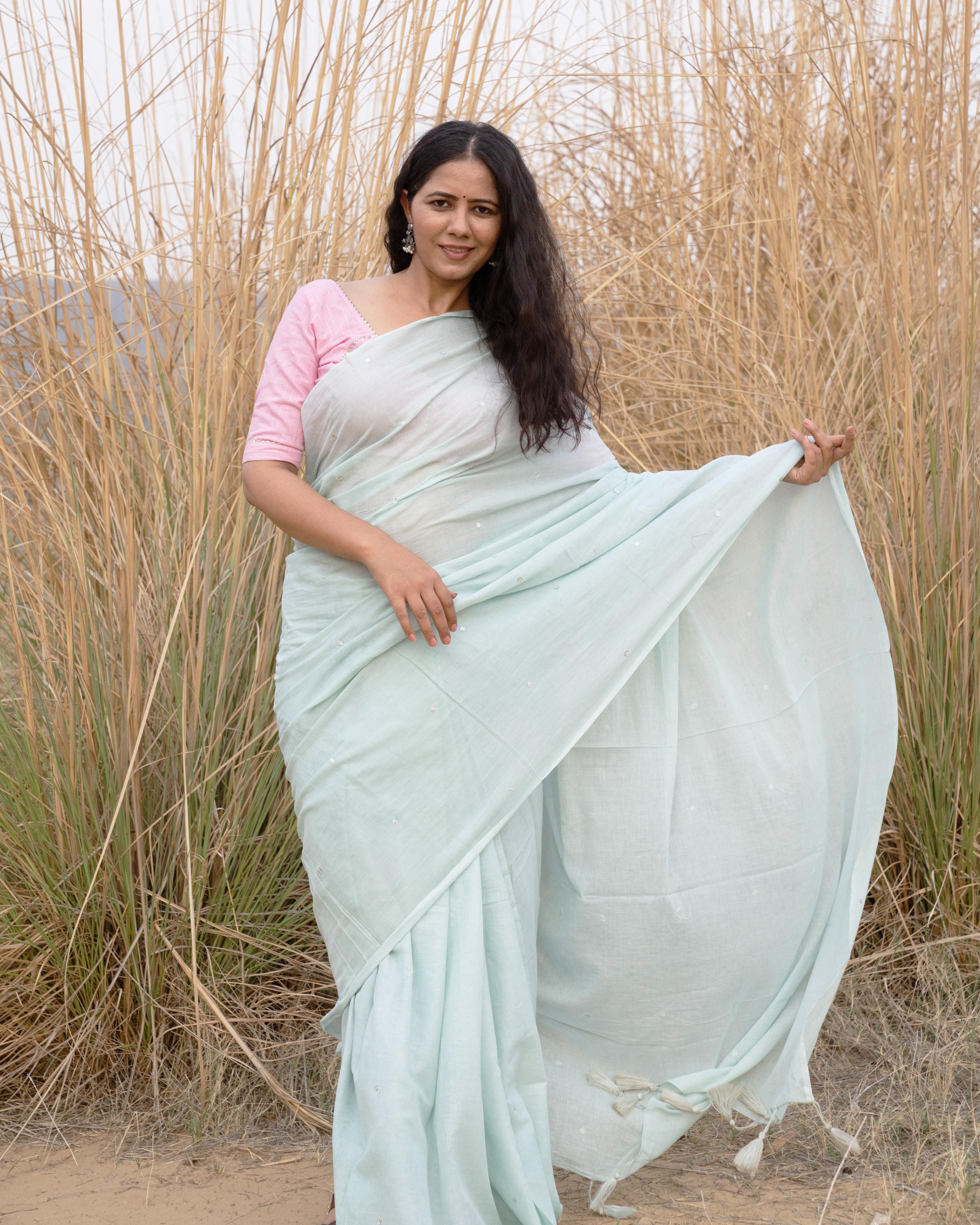 Soft Grey Sequin Work Mul Saree with Tassels