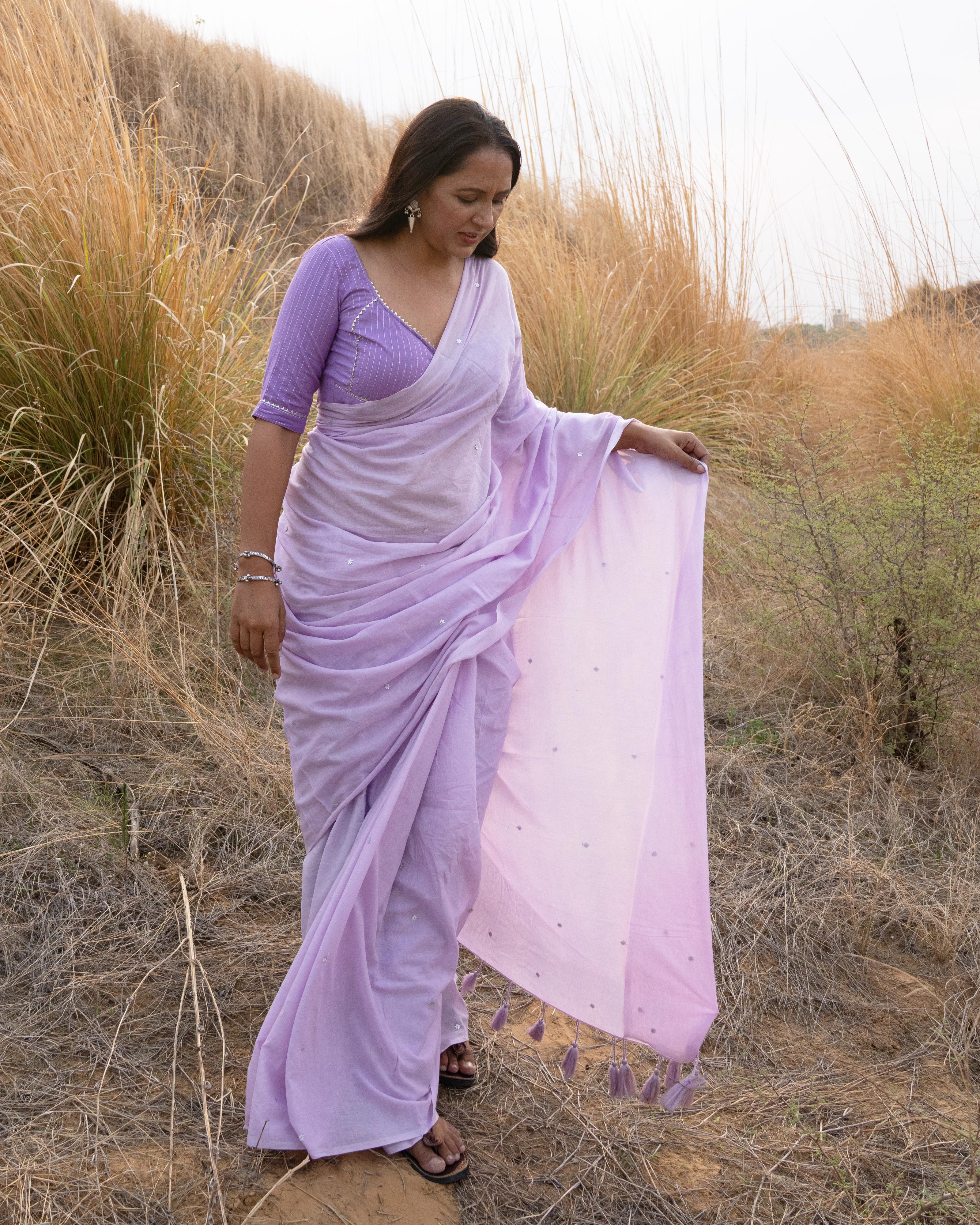 Lilac Sequence Handwork Mul Saree with Tassels