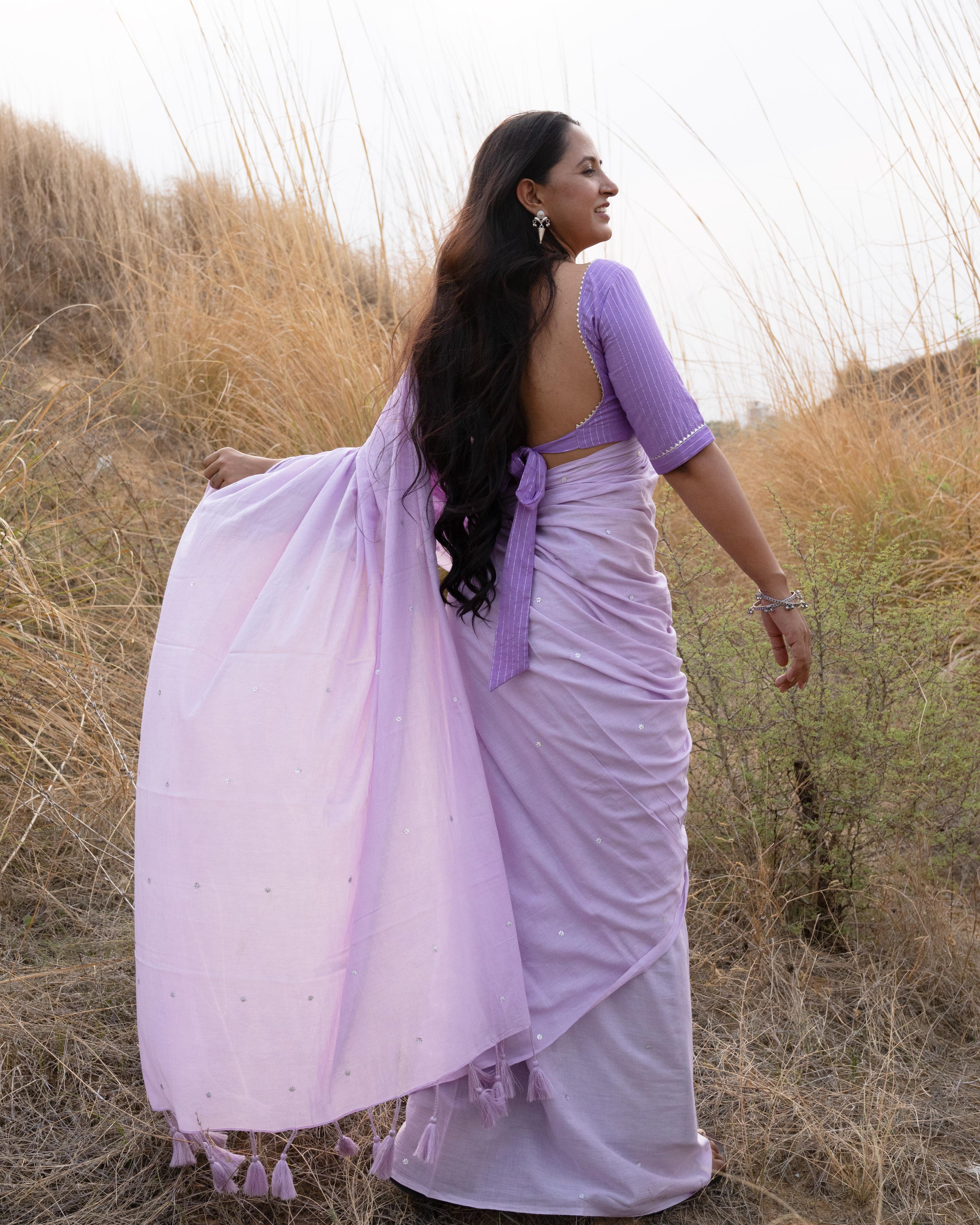 Lilac Sequence Handwork Mul Saree with Tassels