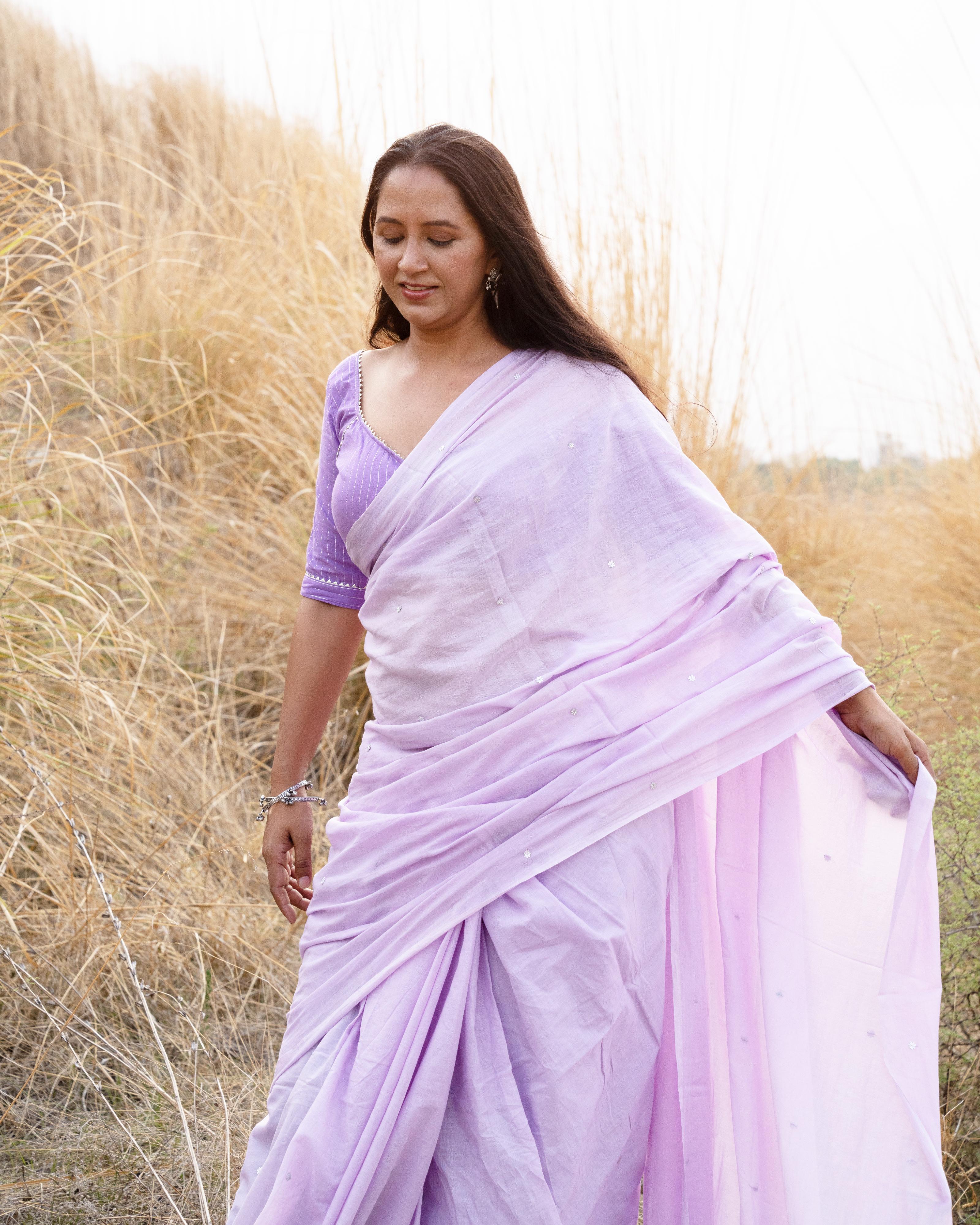 Lilac Sequence Handwork Mul Saree with Tassels