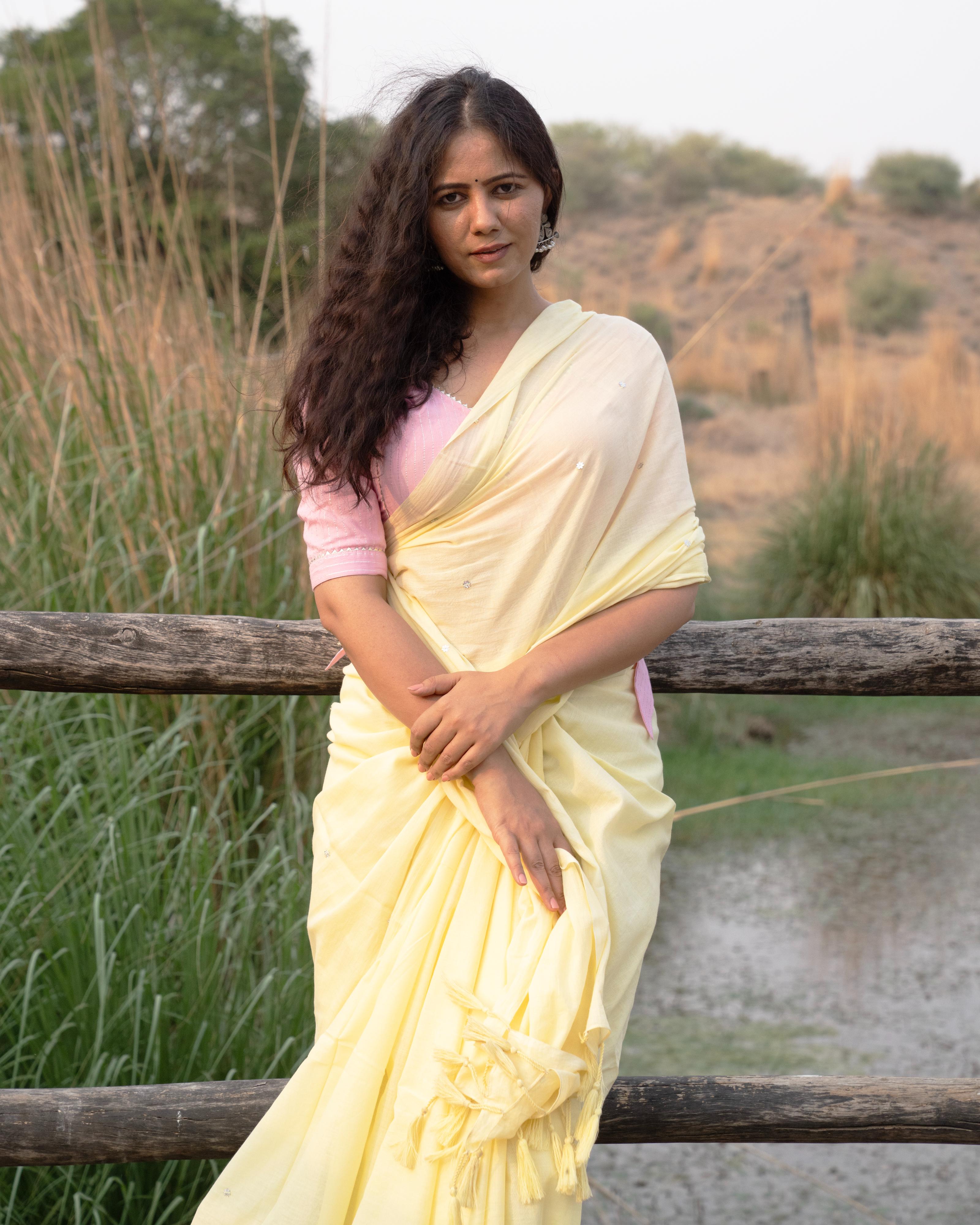 Yellow Sequence Handwork Mul Saree with Tassels