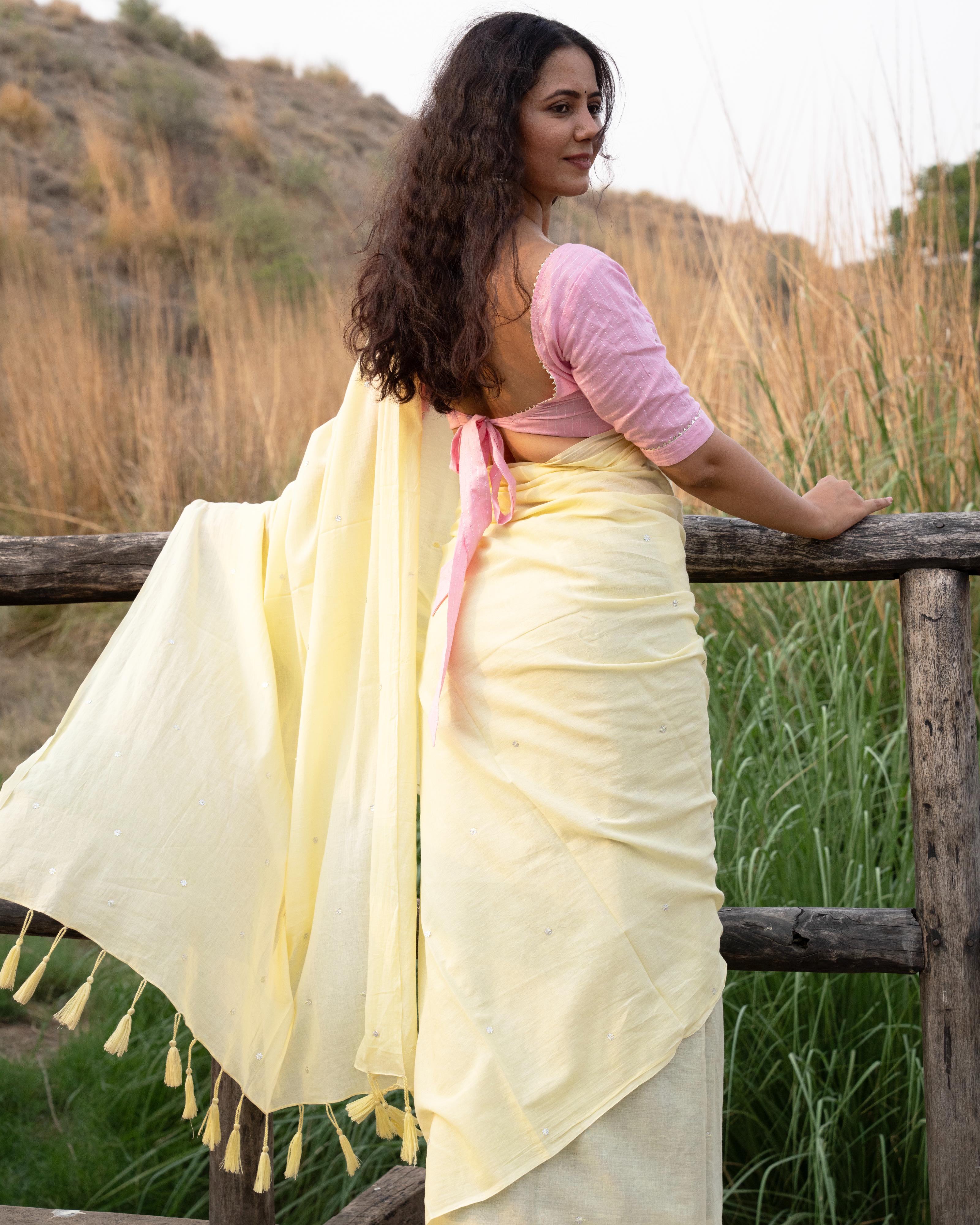 Yellow Sequence Handwork Mul Saree with Tassels