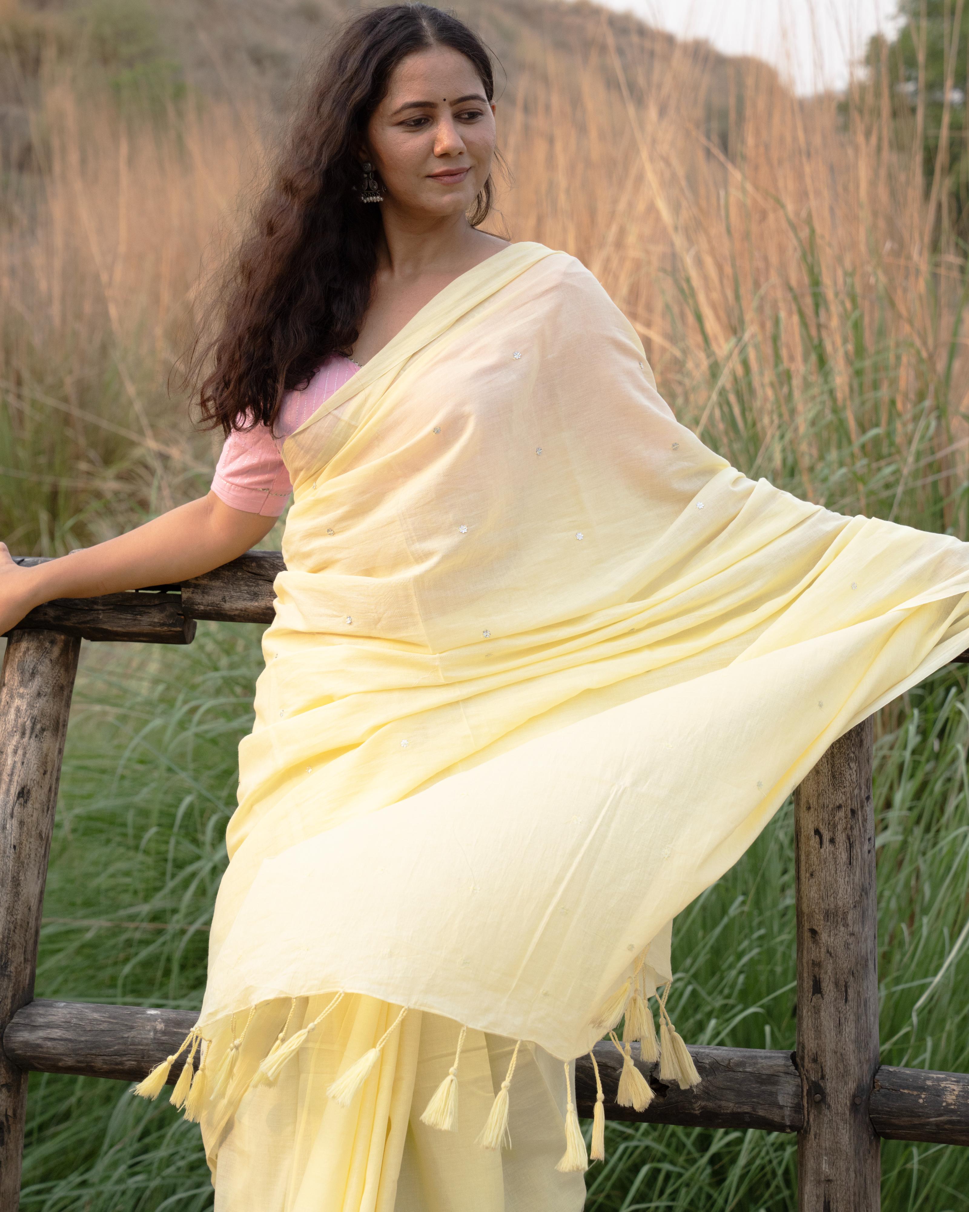 Yellow Sequence Handwork Mul Saree with Tassels