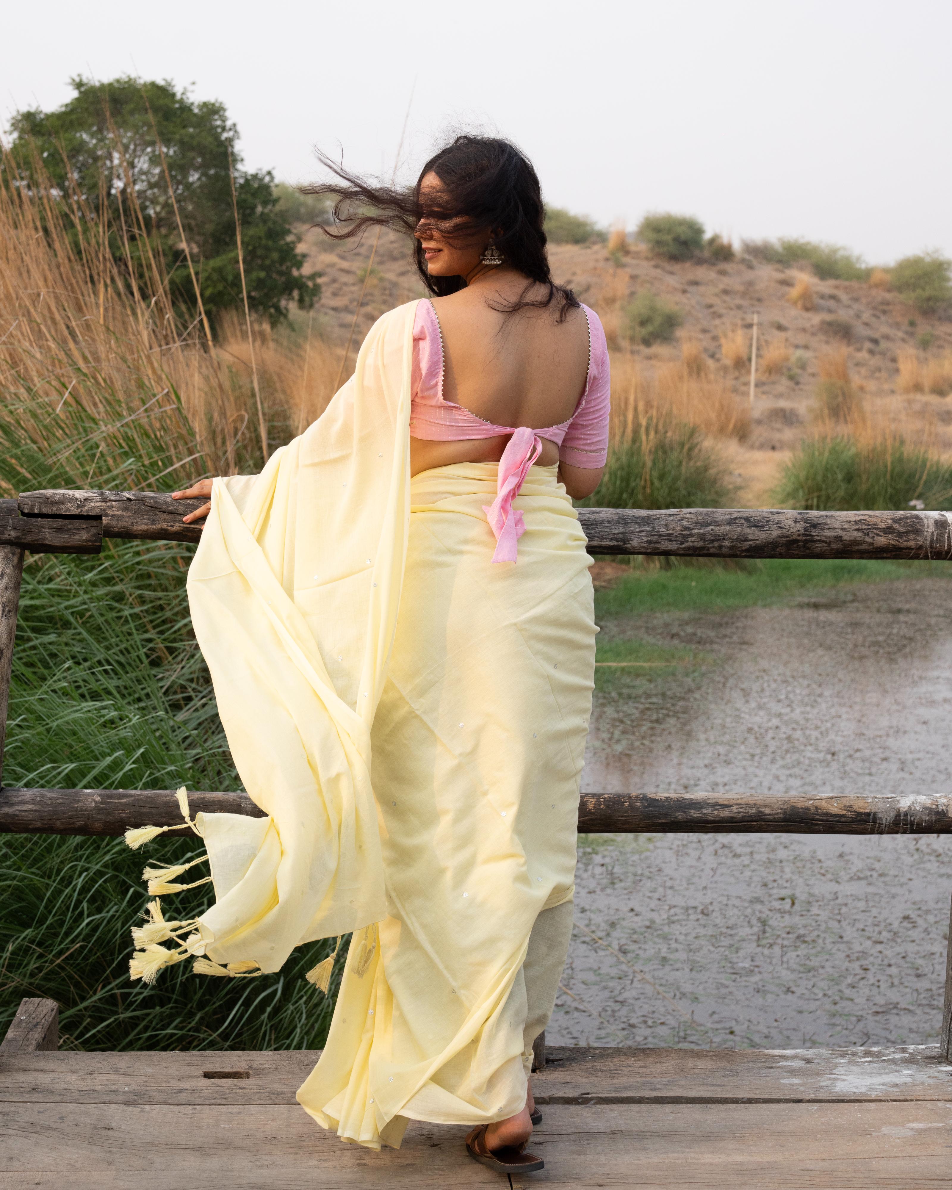 Yellow Sequence Handwork Mul Saree with Tassels