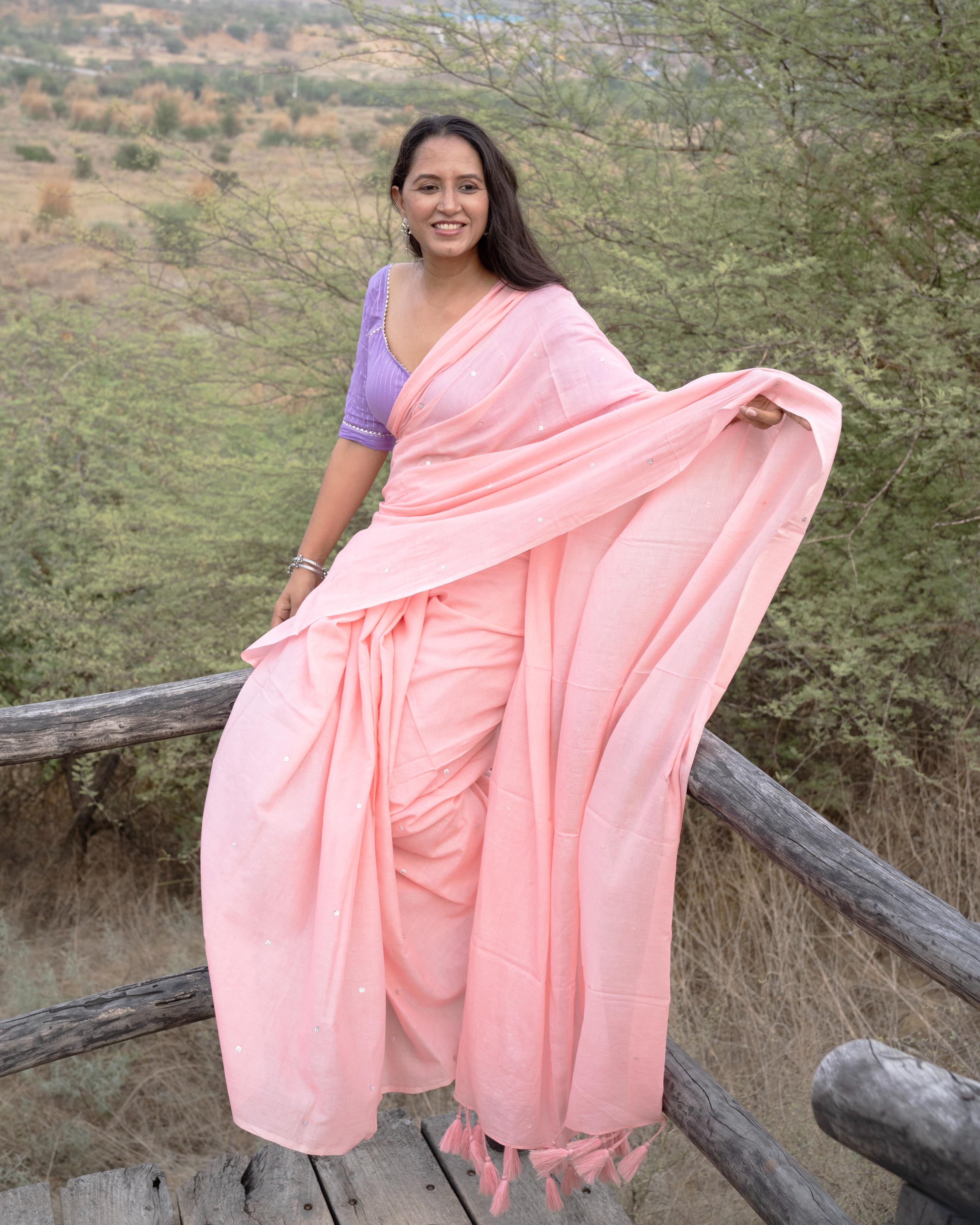 Peach Sequence Handwork Mul Saree with Tassels
