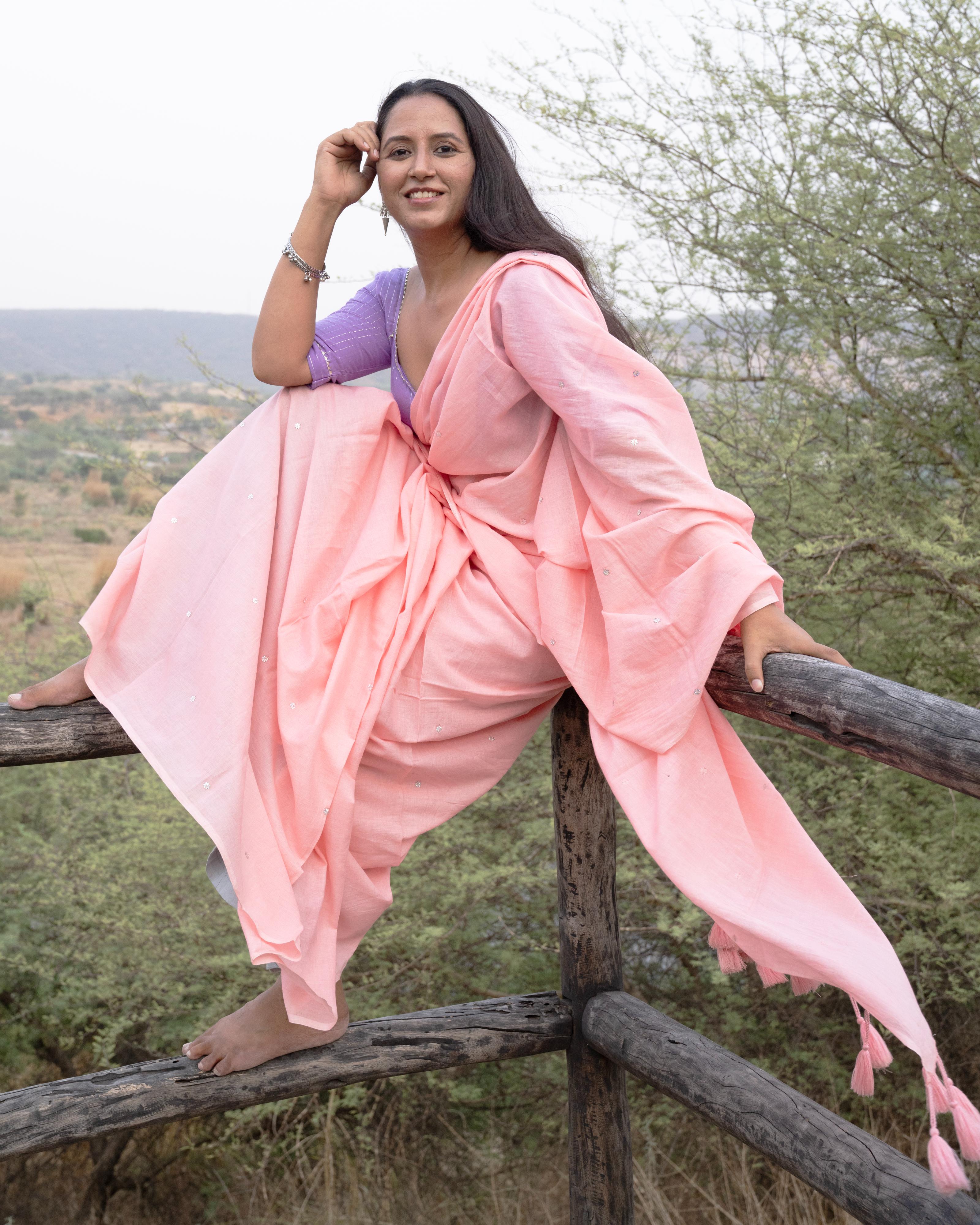 Peach Sequence Handwork Mul Saree with Tassels