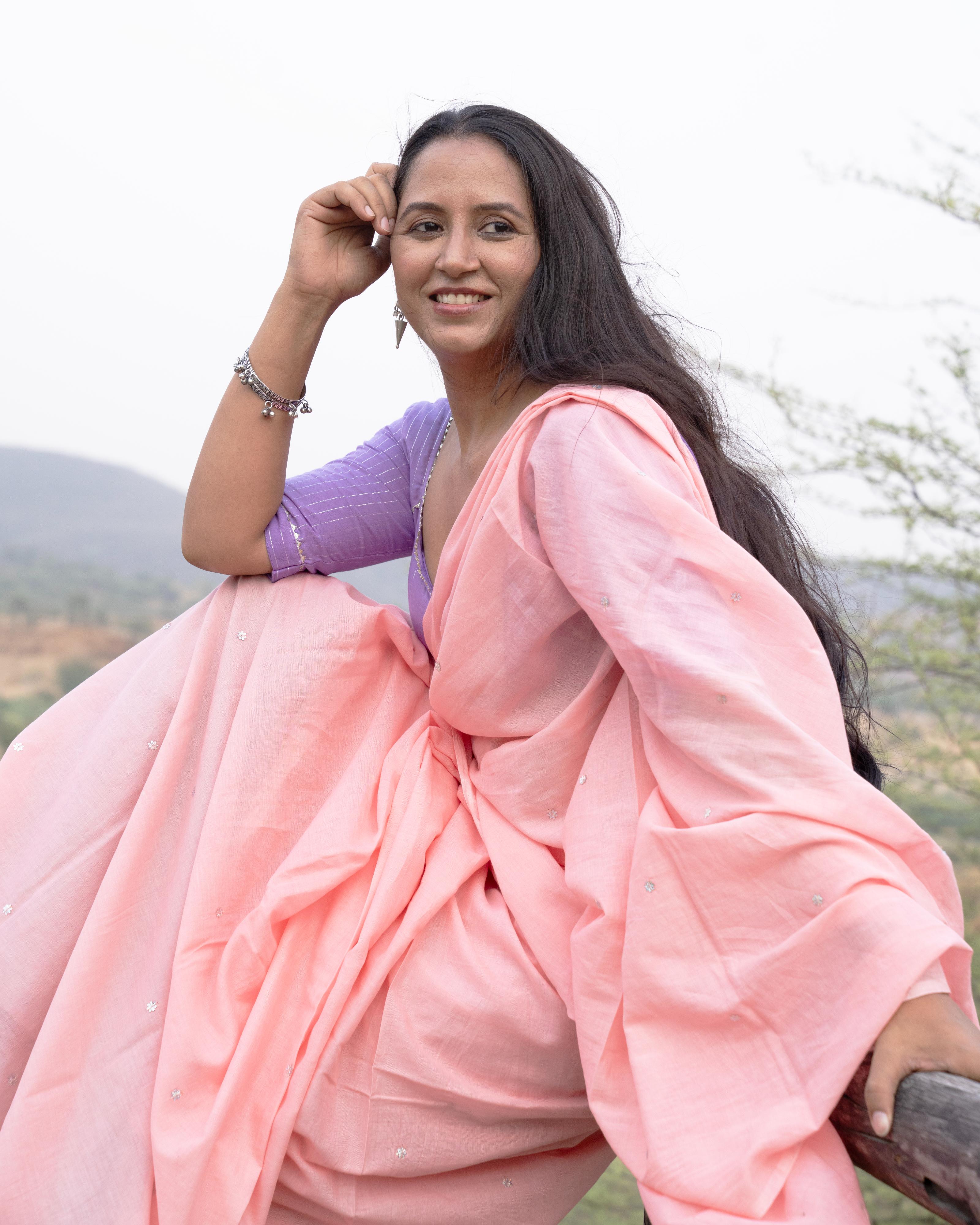 Peach Sequence Handwork Mul Saree with Tassels