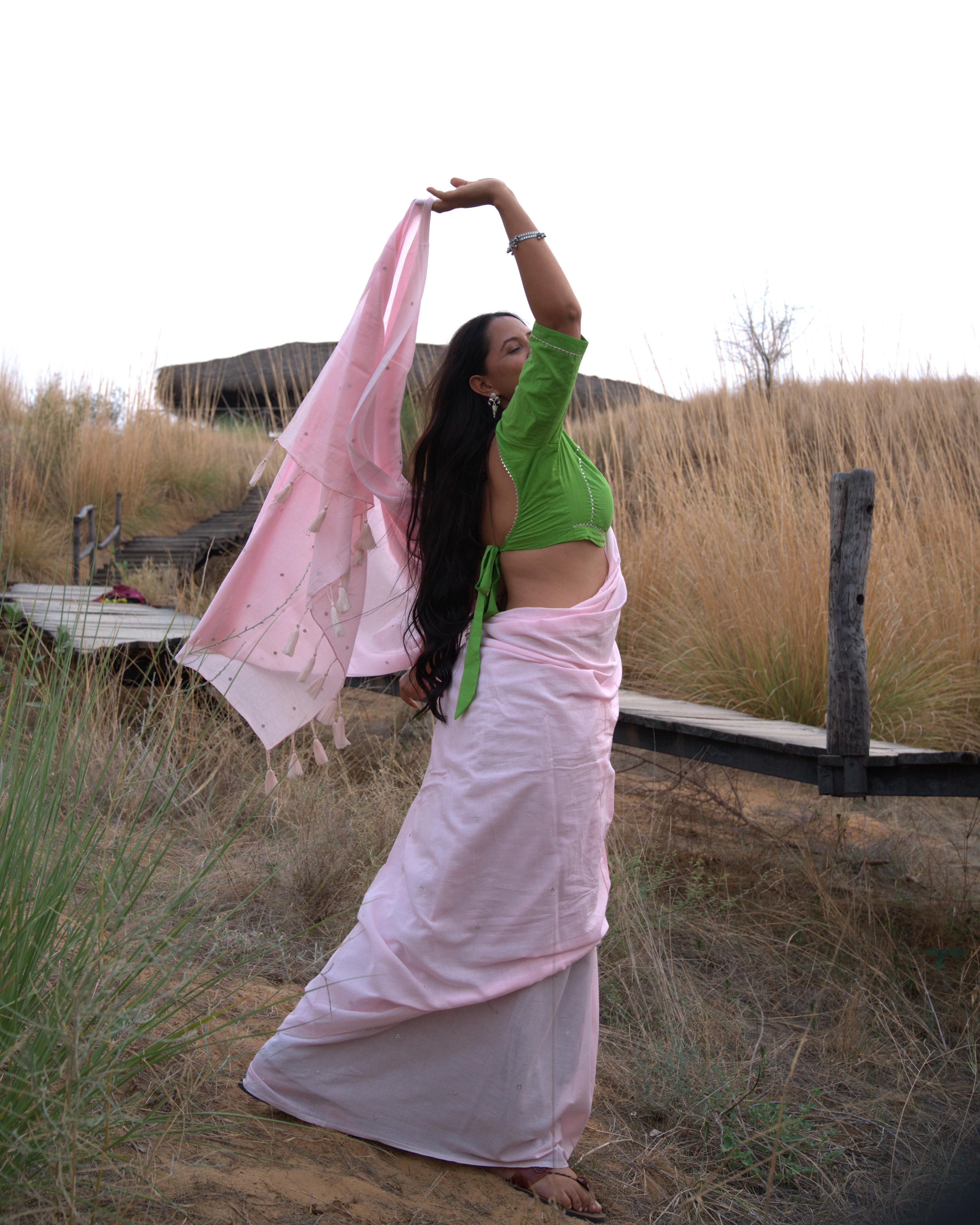 Baby Pink Sequin Handwork Mul Saree with Tassels