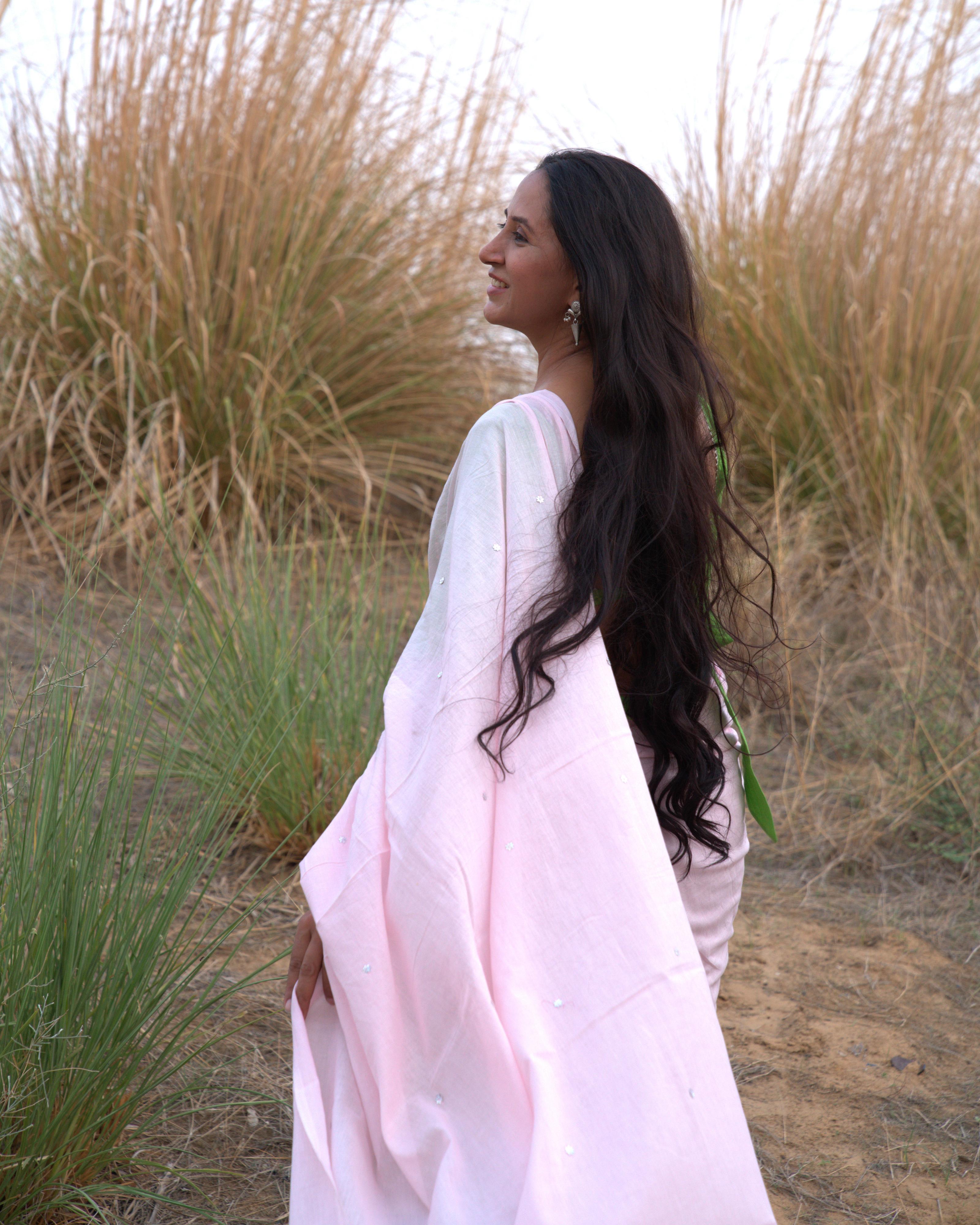 Baby Pink Sequin Handwork Mul Saree with Tassels