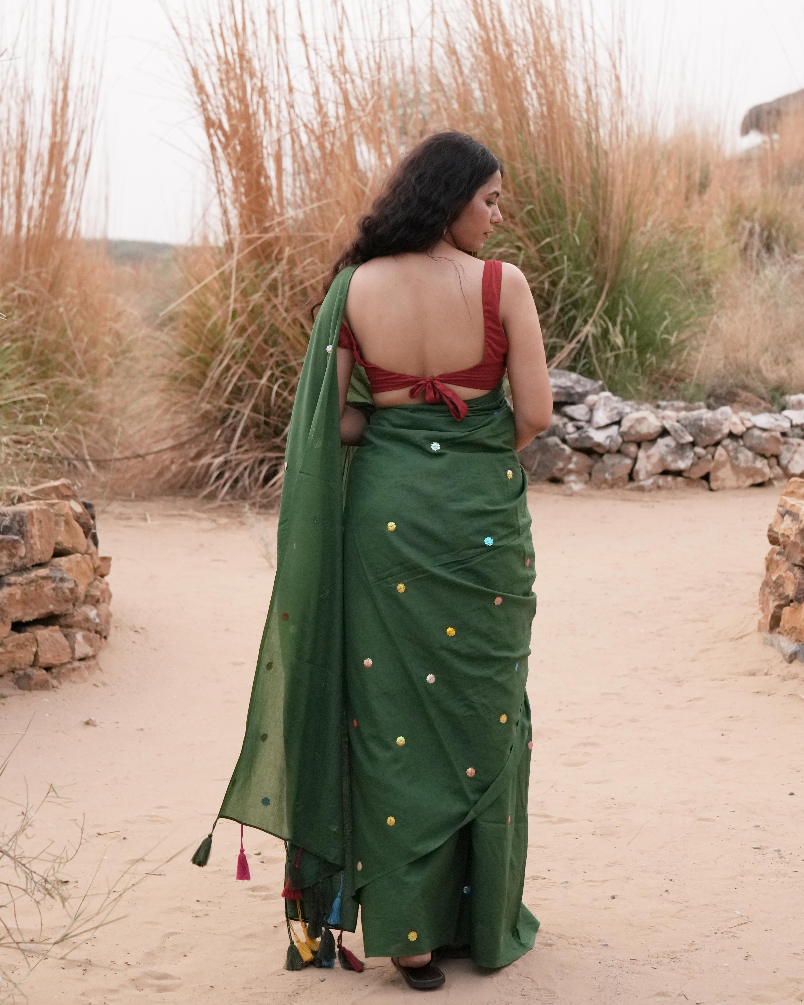 Dark Green Sitara Handwork Mul Saree with Tassels