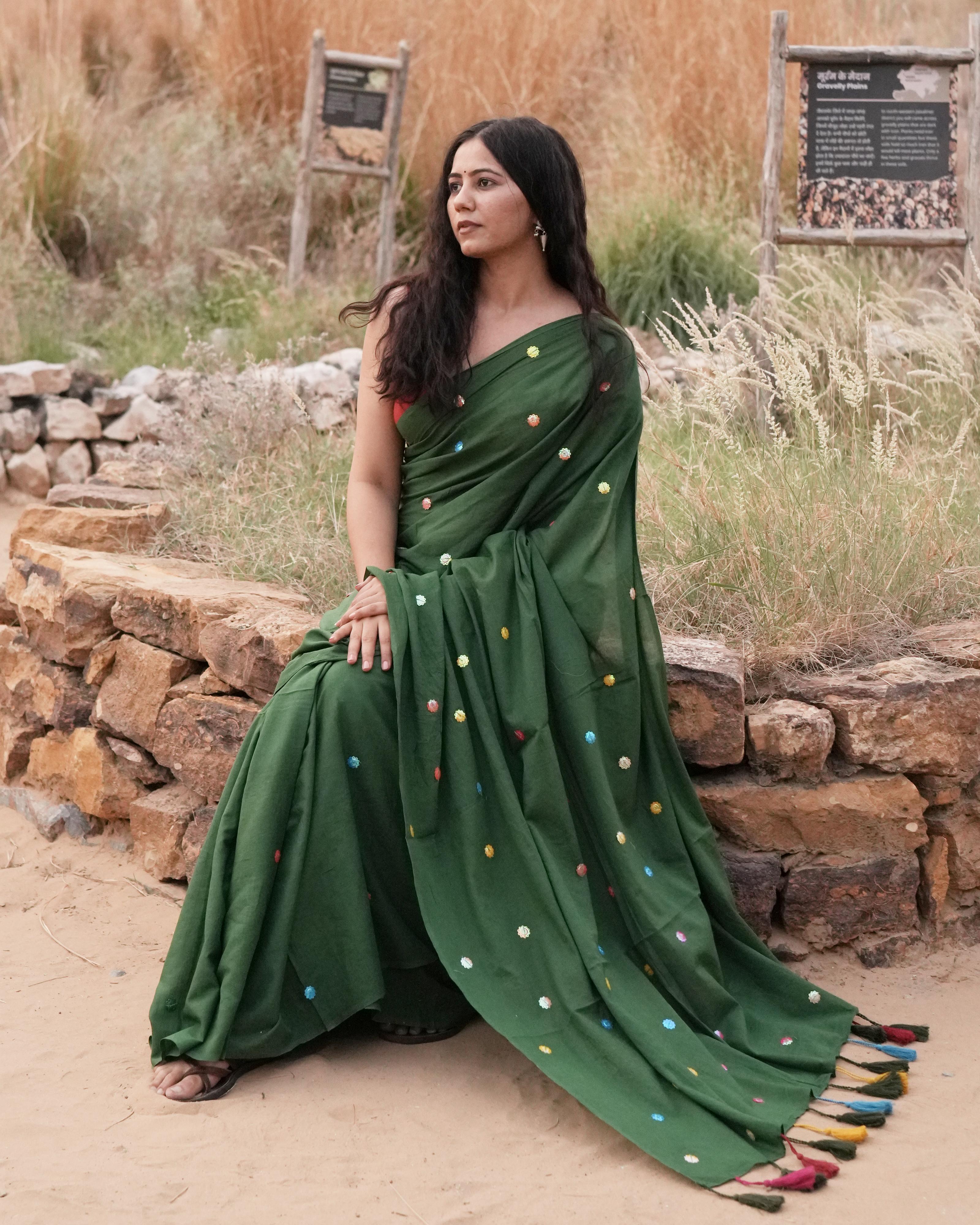 Dark Green Sitara Handwork Mul Saree with Tassels