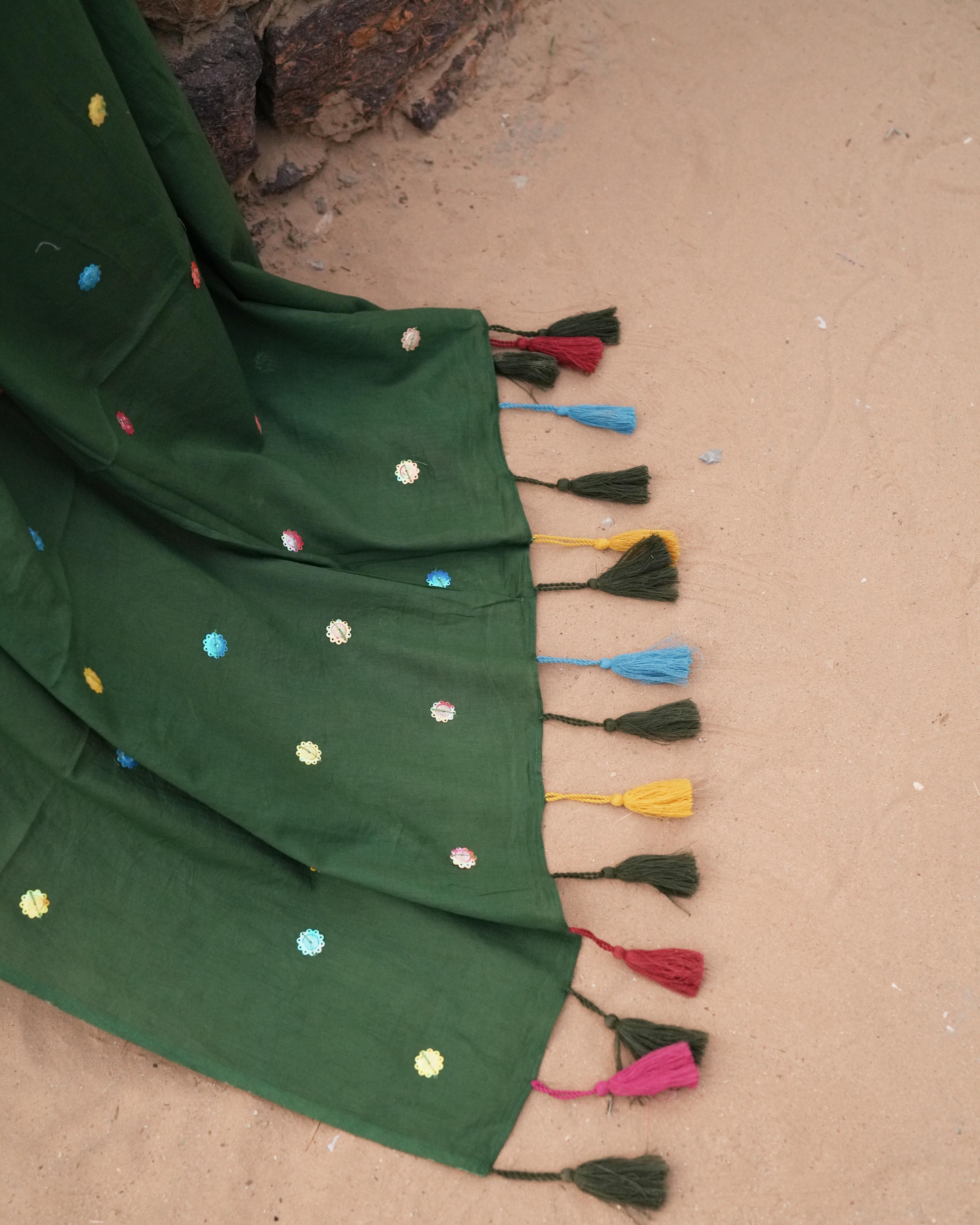 Dark Green Sitara Handwork Mul Saree with Tassels