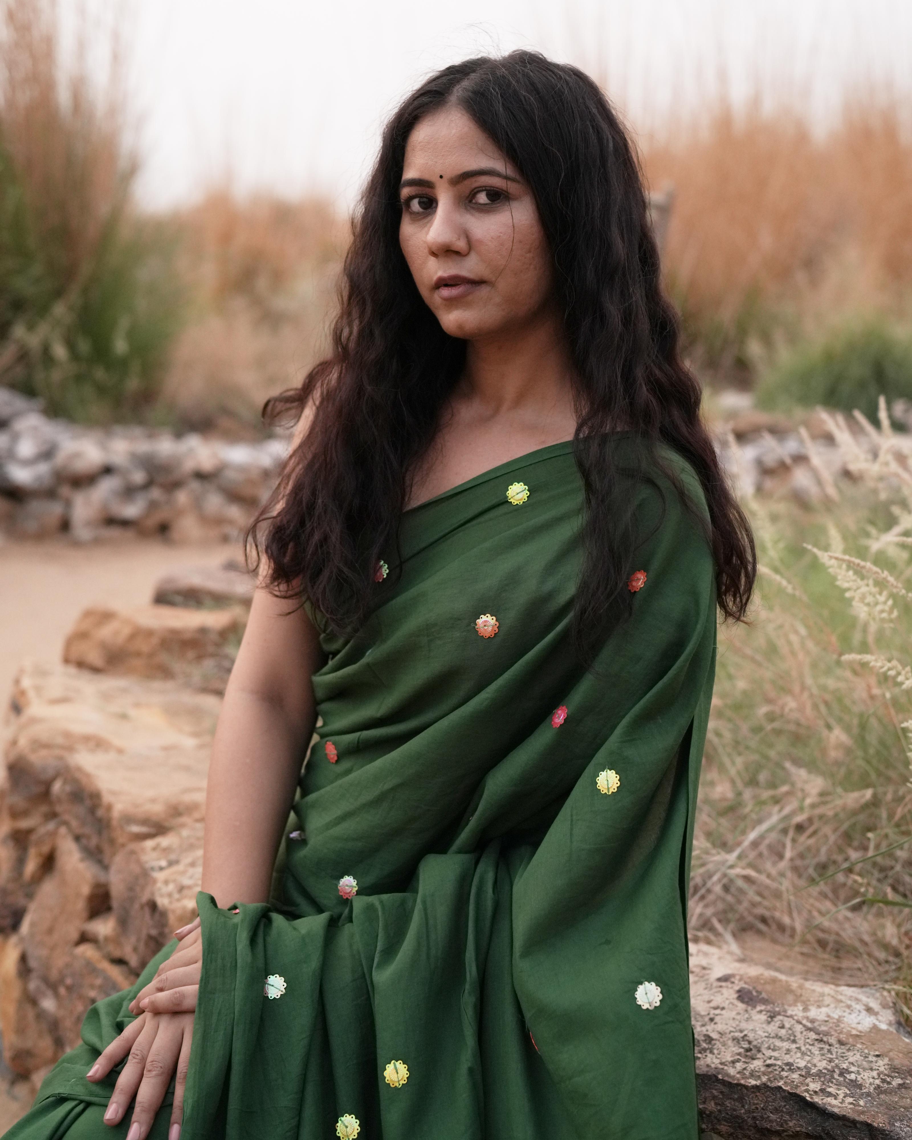 Dark Green Sitara Handwork Mul Saree with Tassels