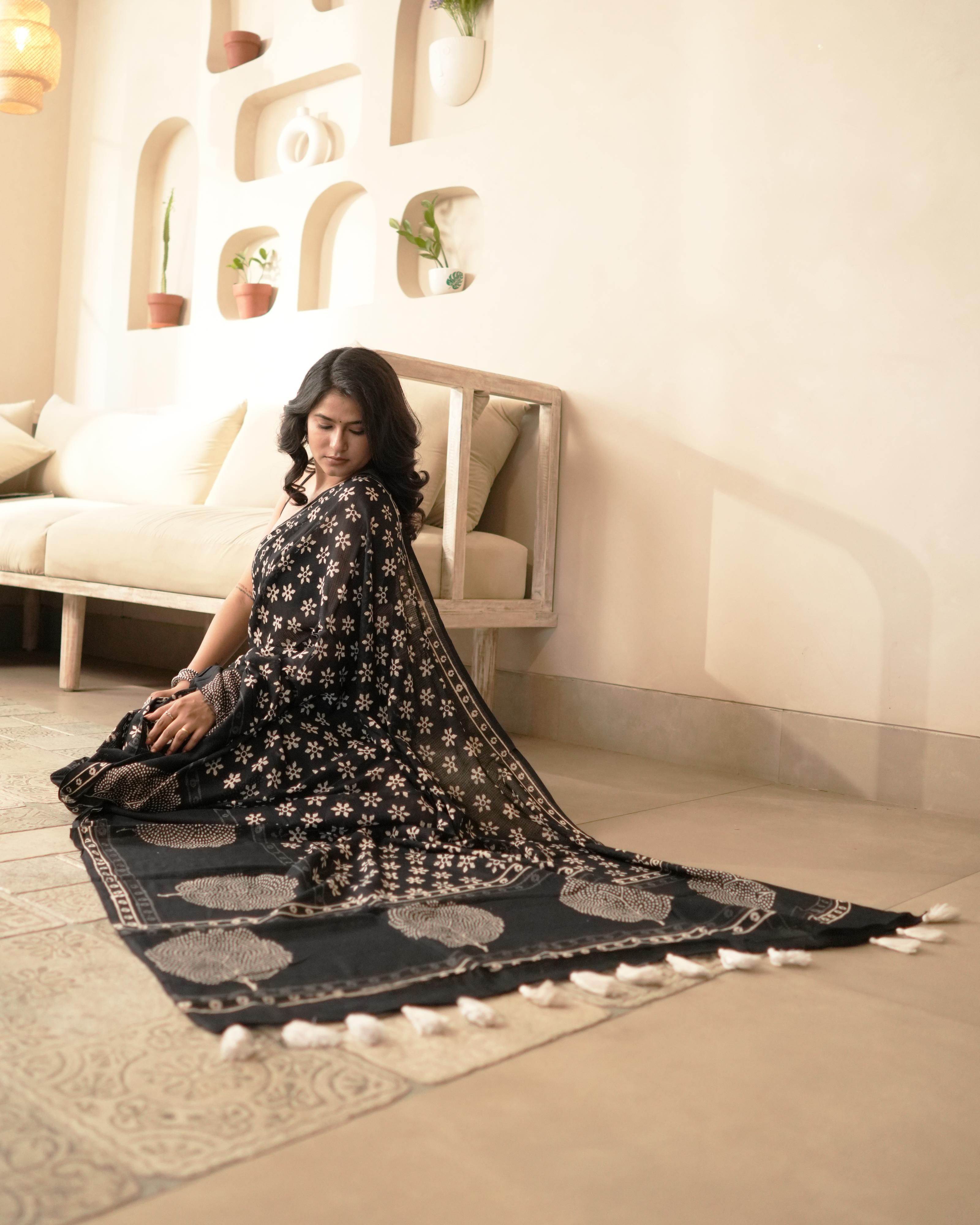 Butti Handblock Print Moonga Cotton Saree with Tassels