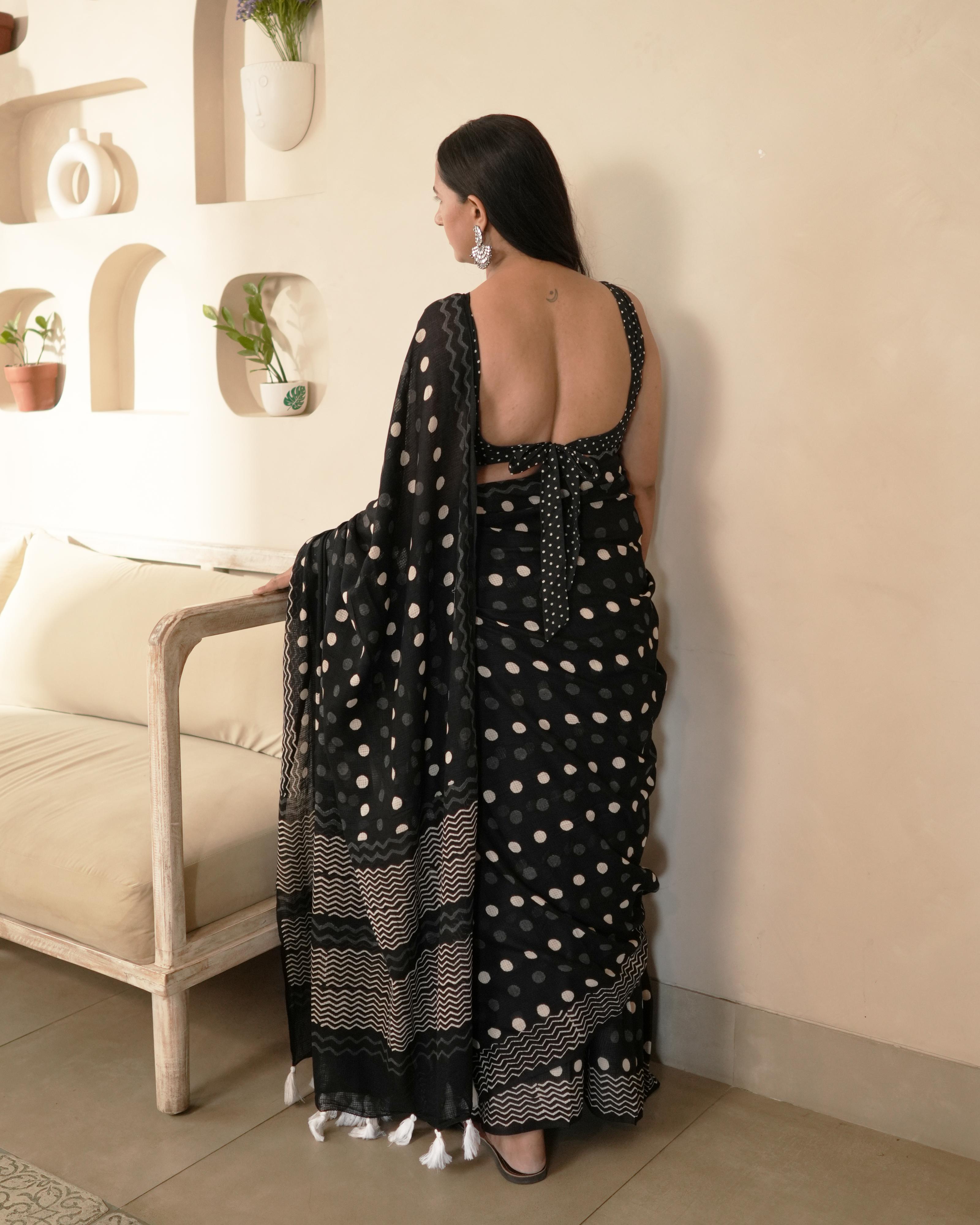 Polka Moonga Cotton Handblock Print Saree with Tassels